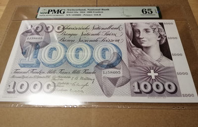 【Blue Auction】世界纸币精拍第151期——2022年首拍（共100拍） - 【无47 初版】瑞士 1954年1000法郎 PMG65EPQ 绝品 经典死神之舞