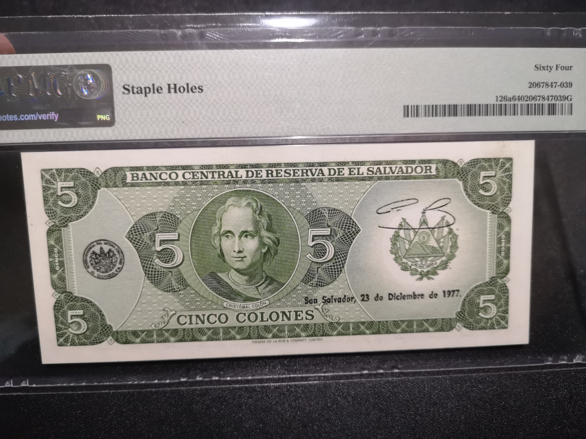 👍2022新年第一拍《外钞收藏家》第一百五十九期拍卖（本期59件） 1977年萨尔瓦多5克朗 PMG64 无47