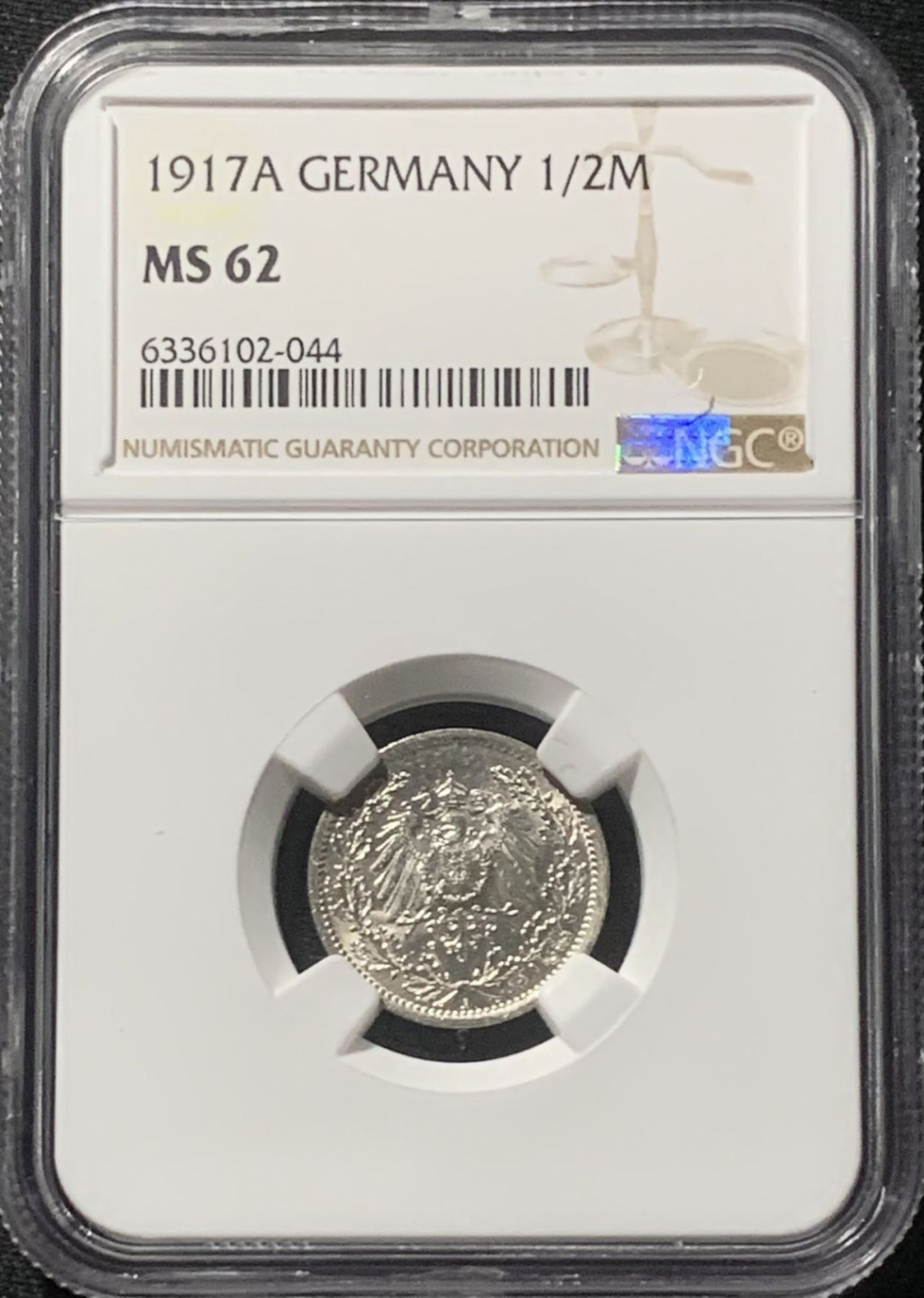紫瑗钱币——第163期 德国 1917年 A版 第二帝国 1/2马克 银币 NGC MS62