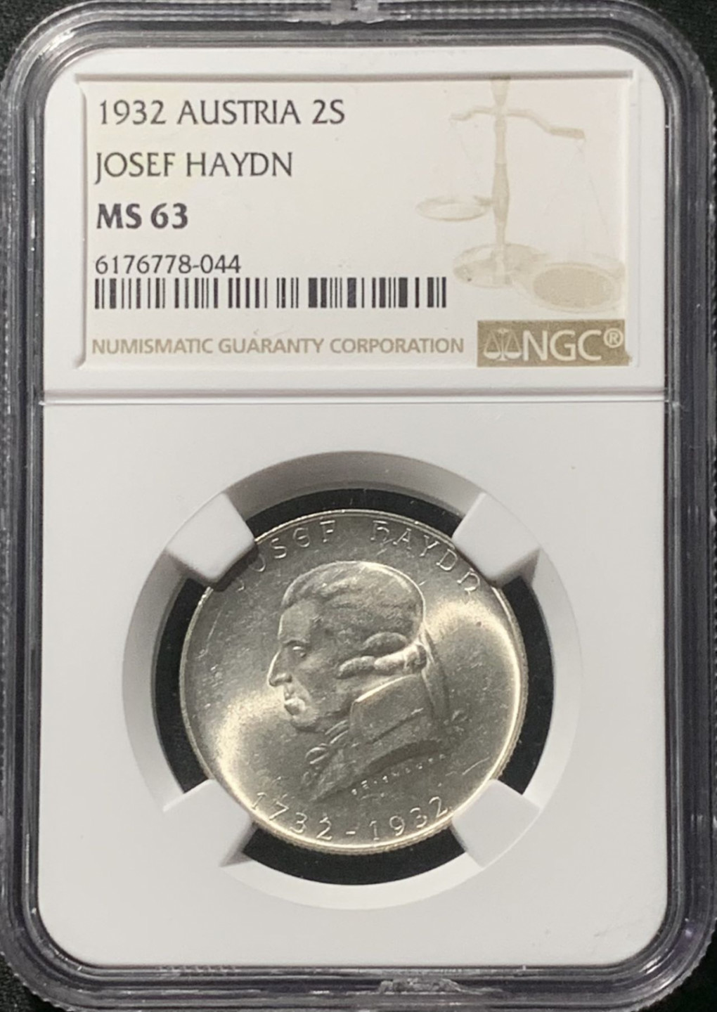 紫瑗钱币——第163期 奥地利 1932年 约瑟夫·海顿 2先令 银币 NGC MS63