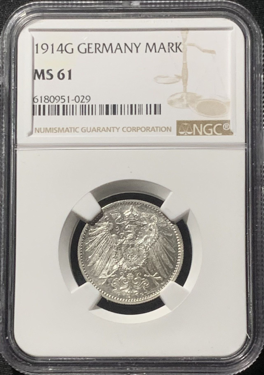 紫瑗钱币——第163期 德国 1914年 G版 第二帝国 长翅 1马克 银币 NGC MS61