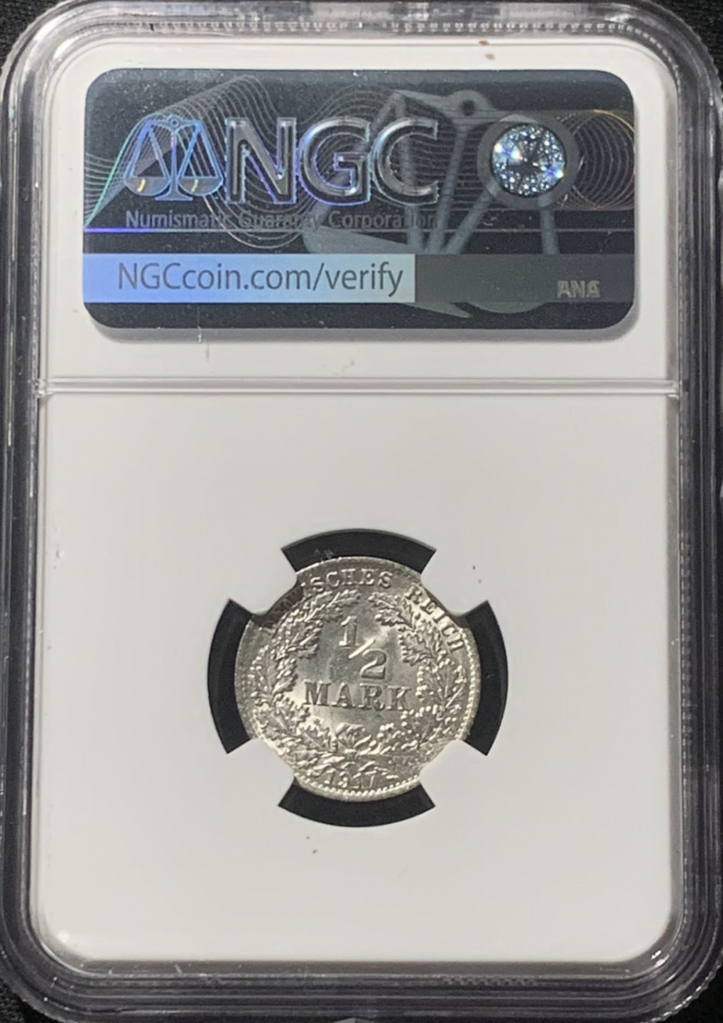 紫瑗钱币——第163期 德国 1917年 A版 第二帝国 1/2马克 银币 NGC MS62
