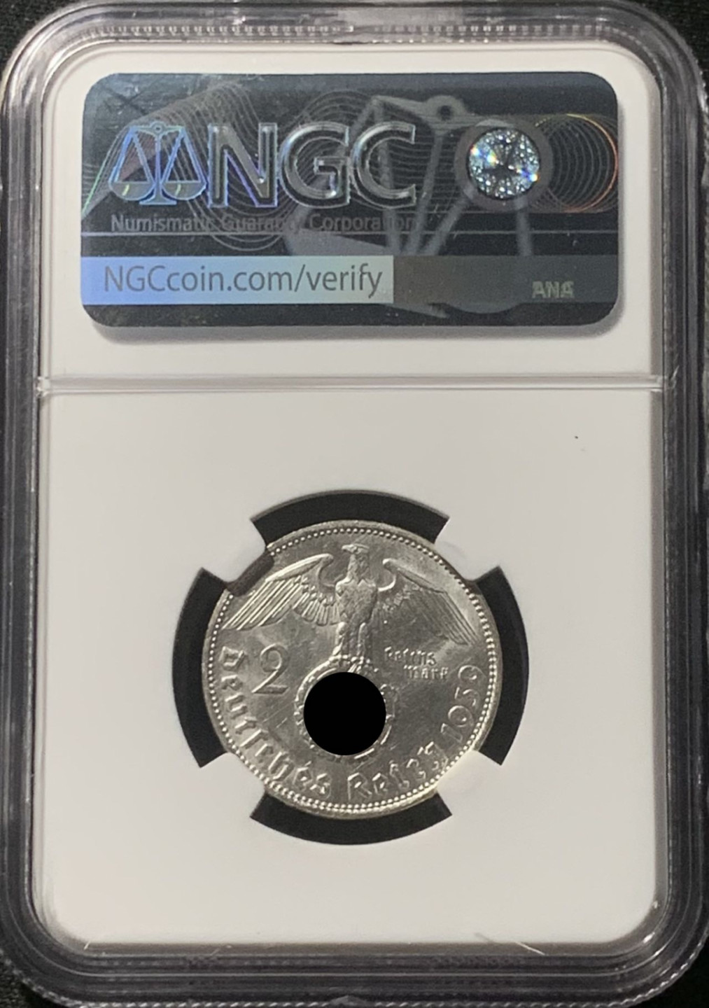 紫瑗钱币——第163期 德国 1939年 J版 兴登堡 字符版 2马克 银币 NGC UNC Detail
