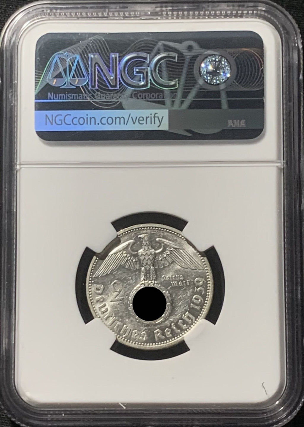 紫瑗钱币——第163期 德国 1939年 A版 兴登堡 字符版 2马克 银币 NGC AU58