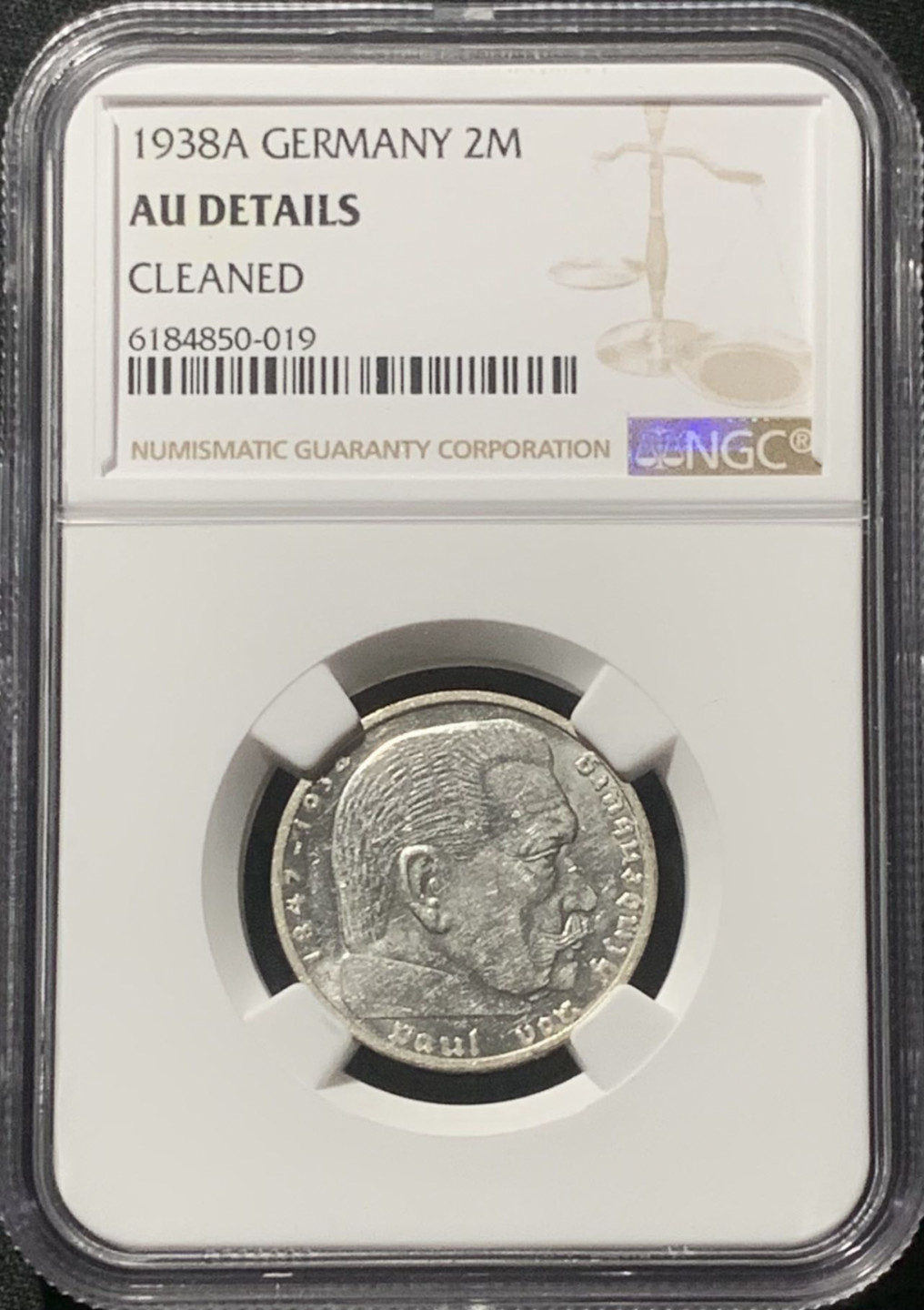 紫瑗钱币——第163期 德国 1938年 A版 兴登堡 字符版 2马克 银币 NGC AU Detail