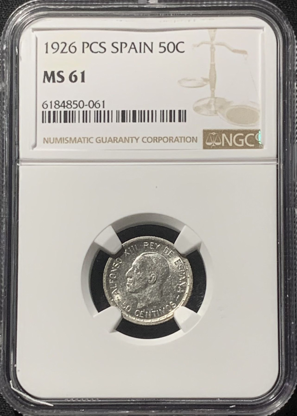 紫瑗钱币——第163期 西班牙 1926年 阿方索十三世 50分 银币 NGC MS61