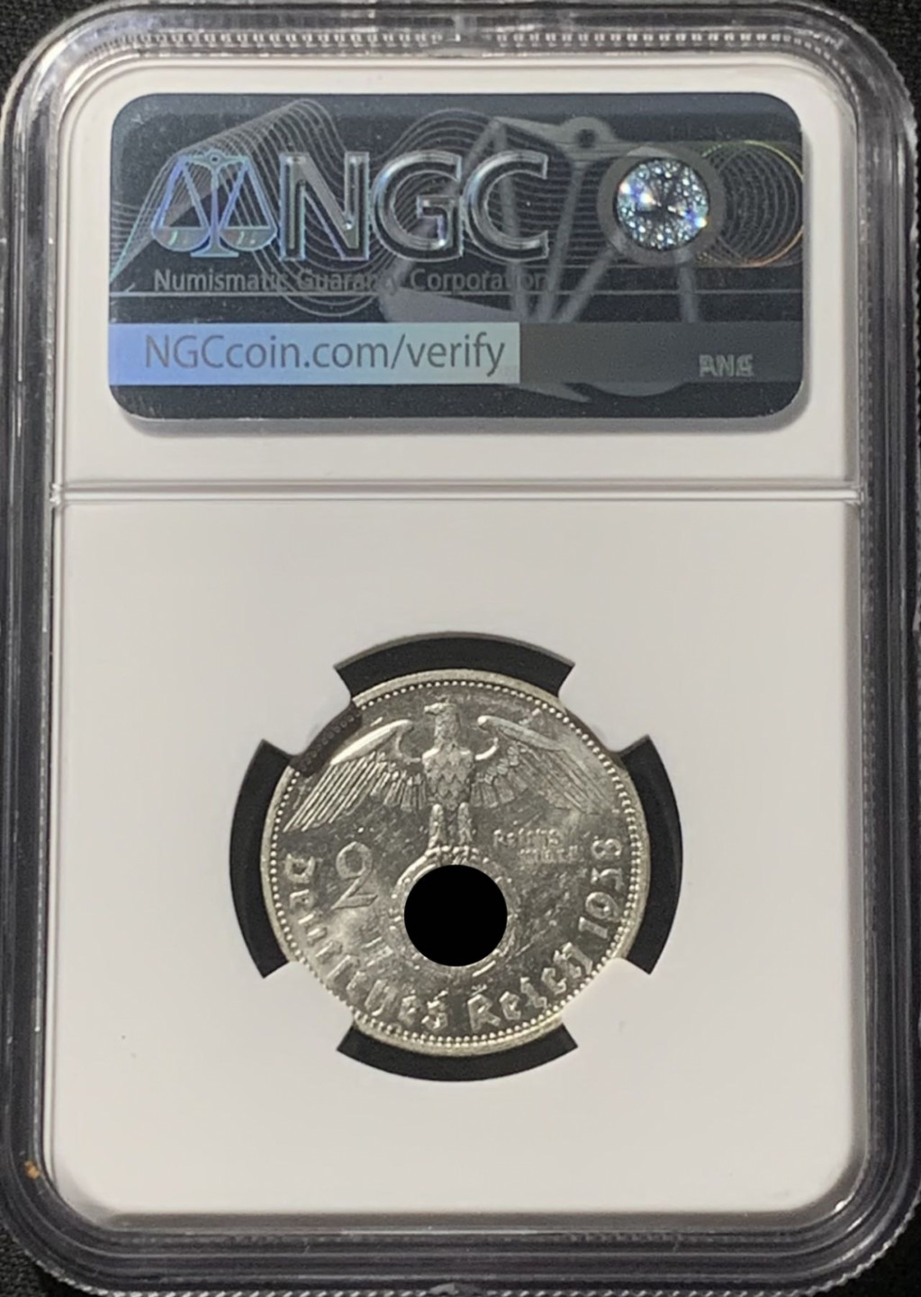 紫瑗钱币——第163期 德国 1938年 A版 兴登堡 字符版 2马克 银币 NGC AU Detail