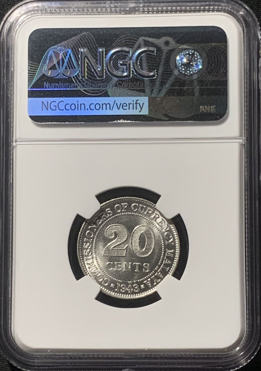 紫瑗钱币——第163期 马来亚 1943年 乔治六世 20分 银币 NGC MS64