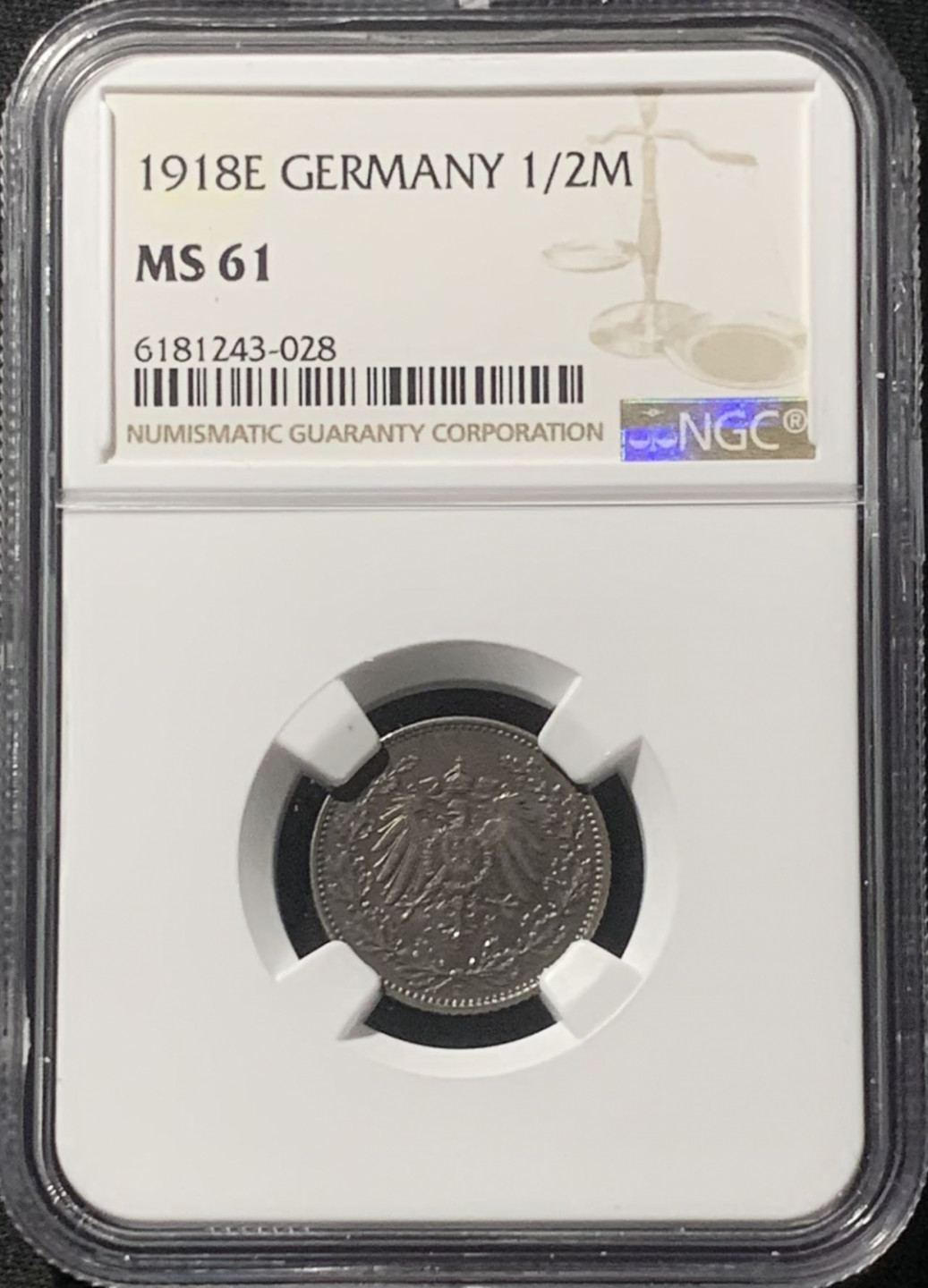 紫瑗钱币——第163期 德国 1918年 E版 第二帝国 1/2马克 银币 NGC MS61 浓厚包浆