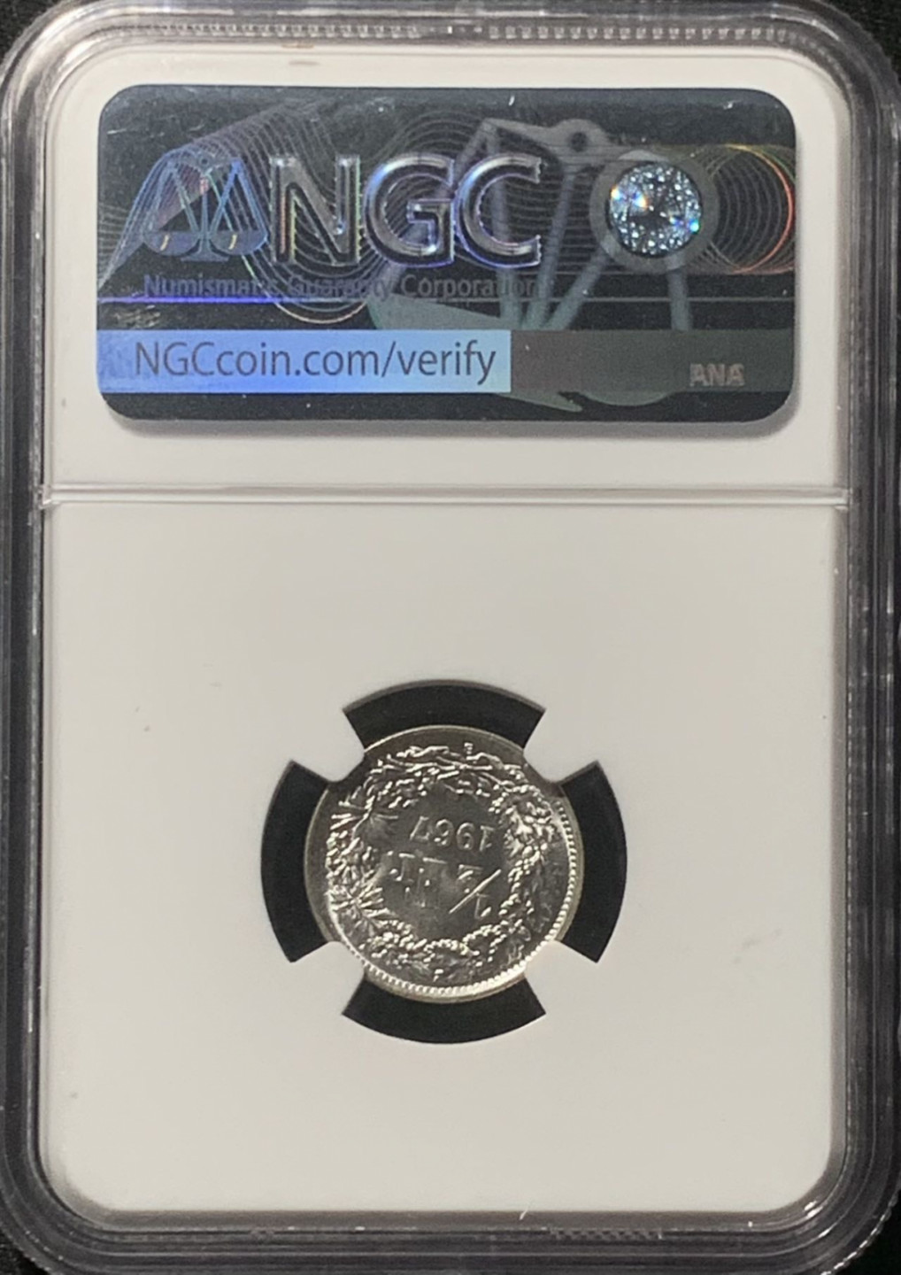 紫瑗钱币——第163期 瑞士 1967年 赫尔维蒂亚 1/2法郎 银币 NGC MS66