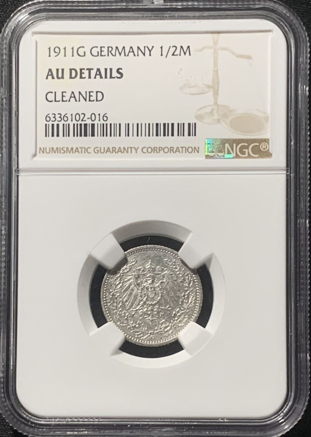 紫瑗钱币——第163期 德国 1911年 G版 第二帝国 1/2马克 银币 NGC AU Detail