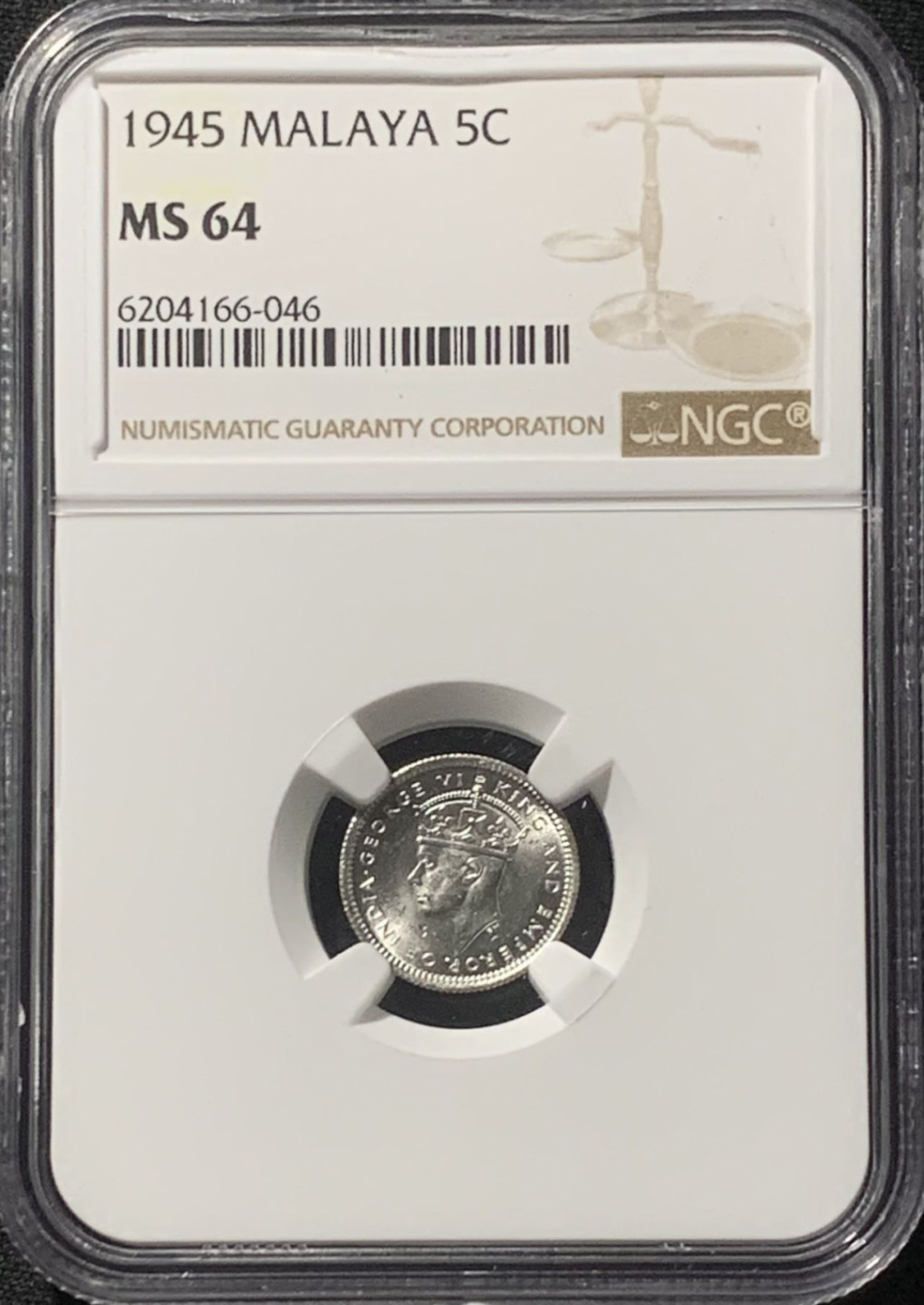 紫瑗钱币——第163期 马来亚 1945年 乔治六世 5分 银币 NGC MS64