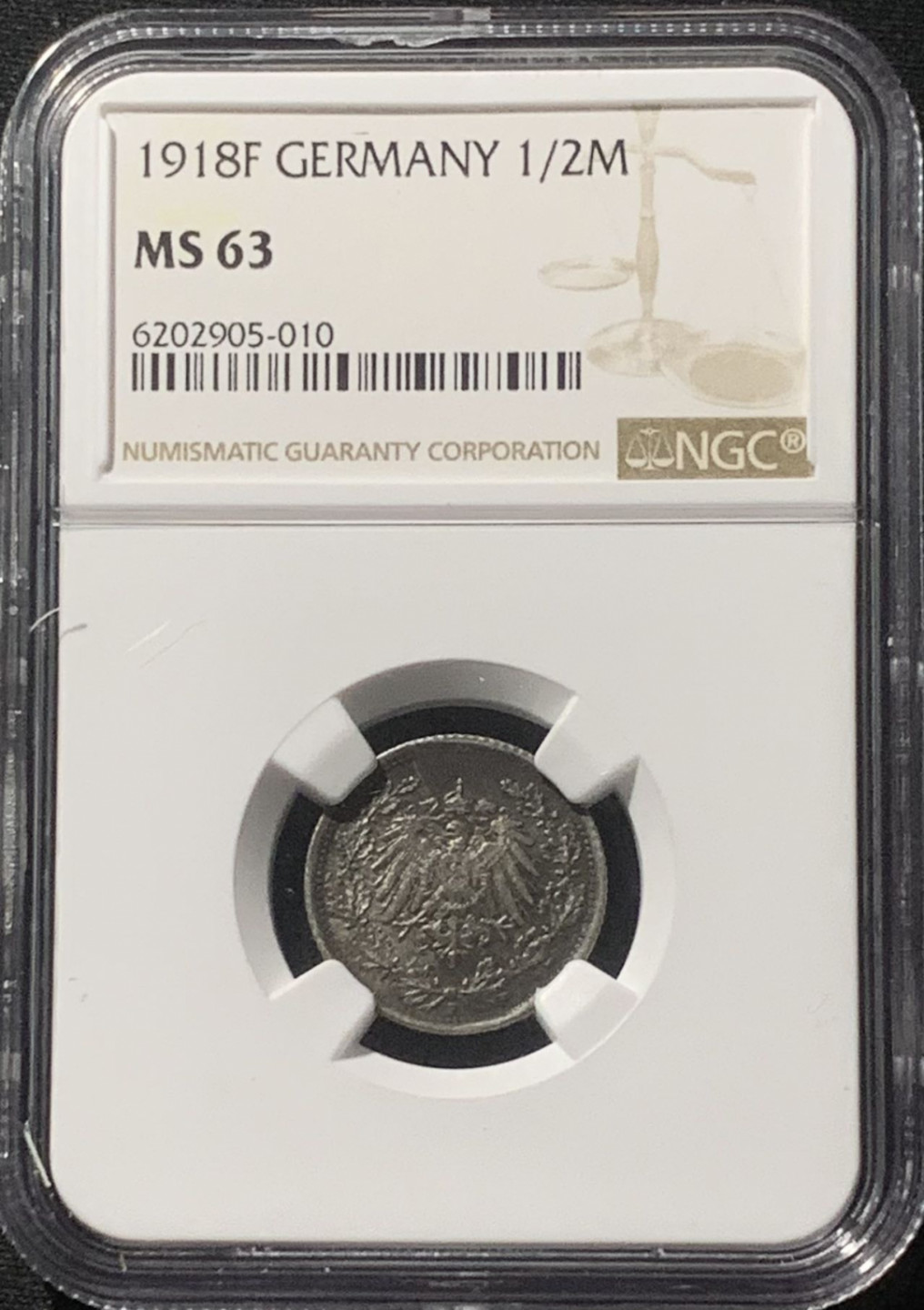 紫瑗钱币——第163期 德国 1918年 F版 第二帝国 1/2马克 银币 NGC MS63 浓厚包浆