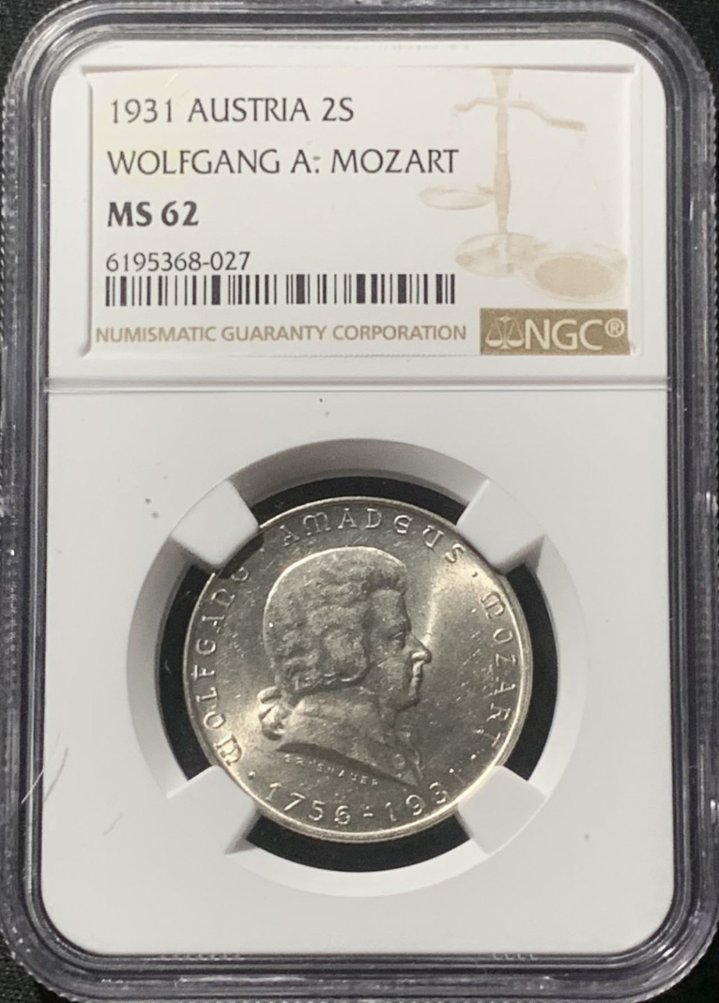 紫瑗钱币——第163期 奥地利 1931年 莫扎特 2先令 银币 NGC MS62