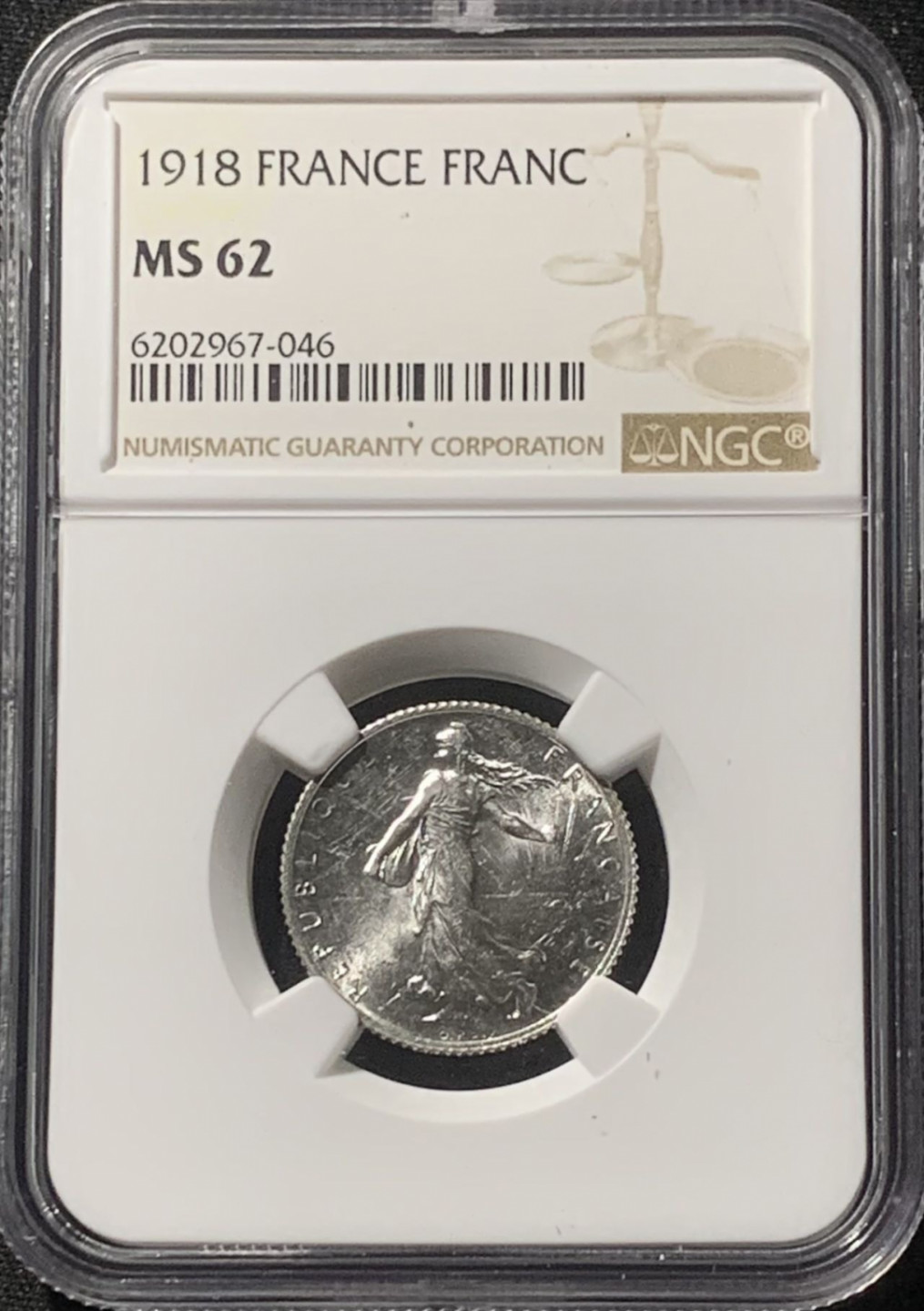 紫瑗钱币——第163期 法国 1918年 播种女神 1法郎 银币 NGC MS62