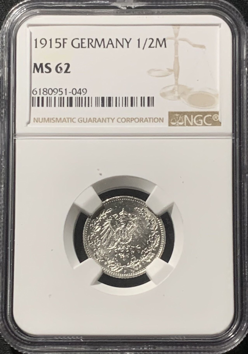 紫瑗钱币——第163期 德国 1915年 F版 第二帝国 1/2马克 银币 NGC MS62