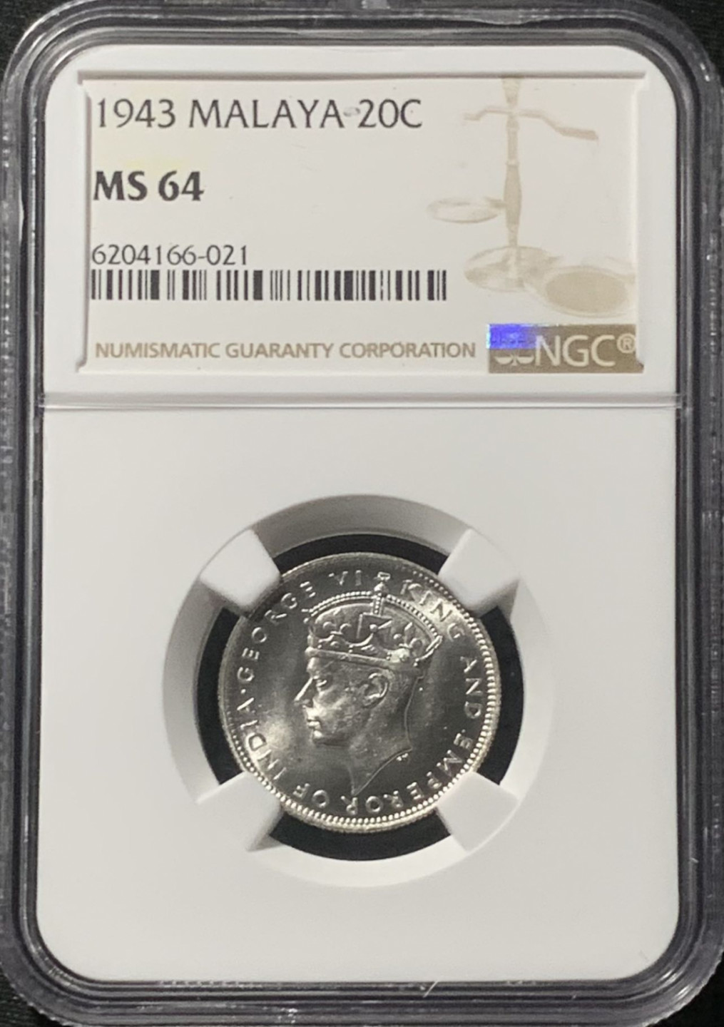 紫瑗钱币——第163期 马来亚 1943年 乔治六世 20分 银币 NGC MS64