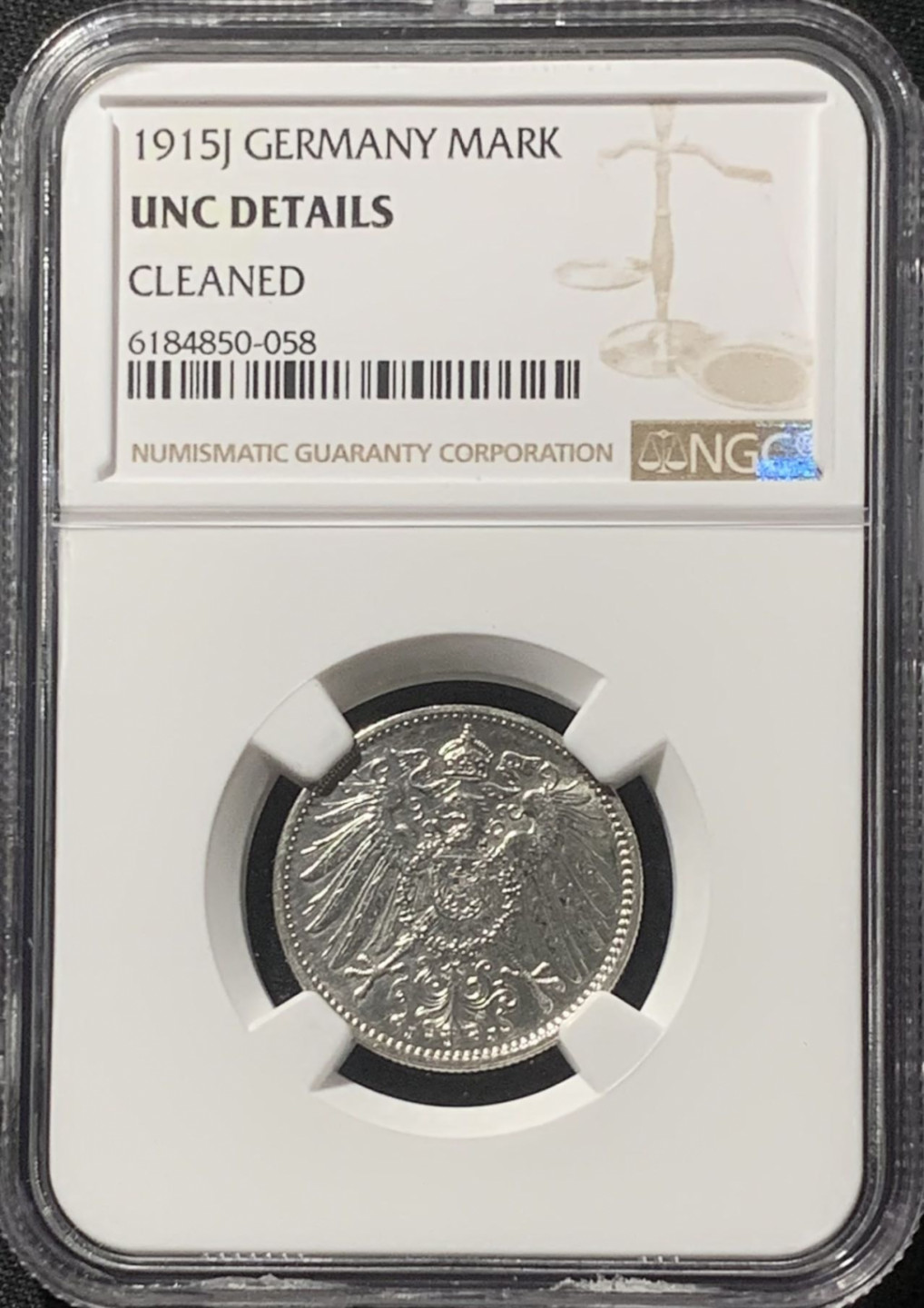 紫瑗钱币——第163期 德国 1915年 J版 第二帝国 长翅 1马克 银币 NGC UNC Detail
