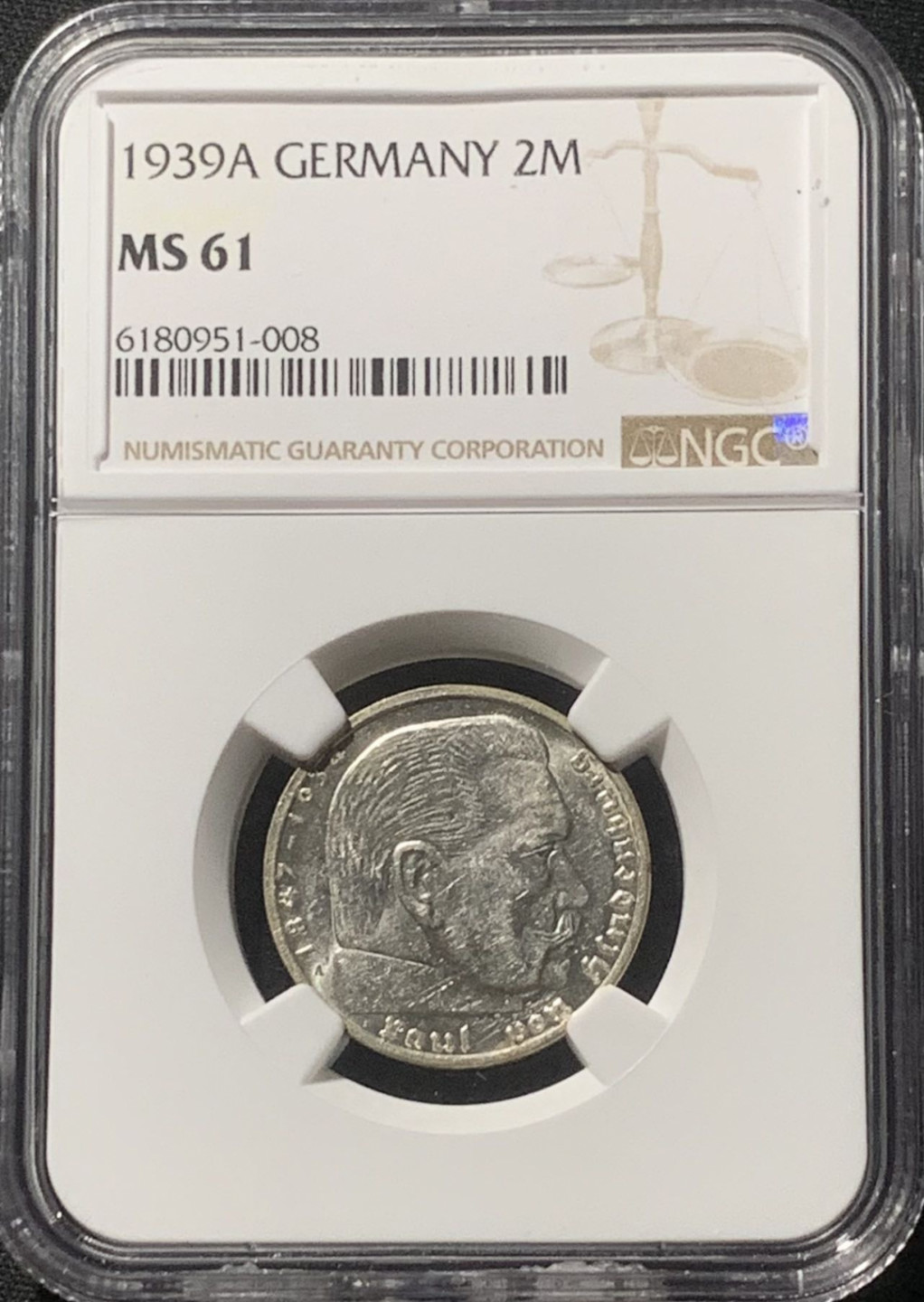 紫瑗钱币——第163期 德国 1939年 A版 兴登堡 字符版 2马克 银币 NGC MS61