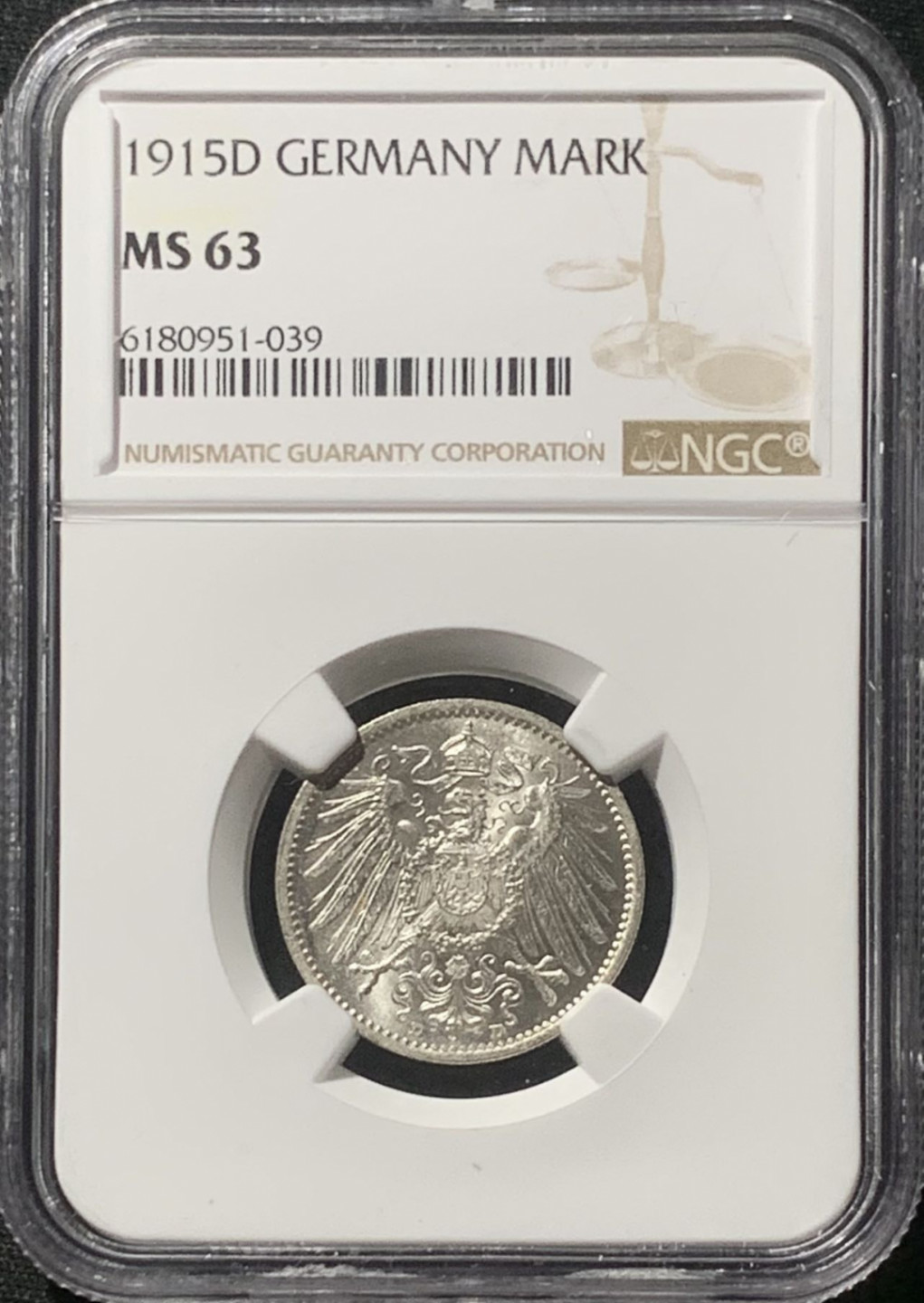 紫瑗钱币——第163期 德国 1915年 D版 第二帝国 长翅 1马克 银币 NGC MS63