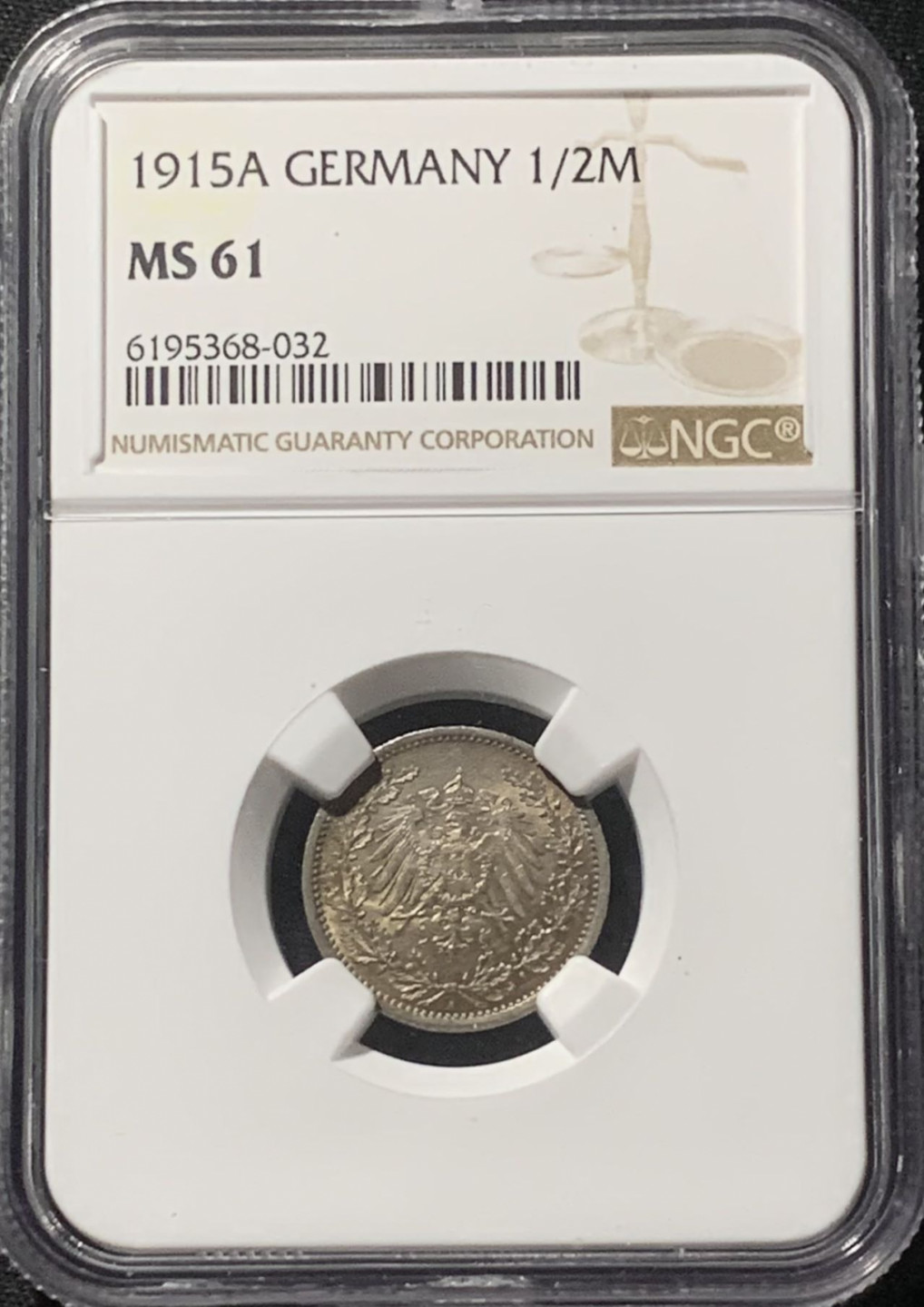 紫瑗钱币——第163期 德国 1915年 A版 第二帝国 1/2马克 银币 NGC MS61 带彩