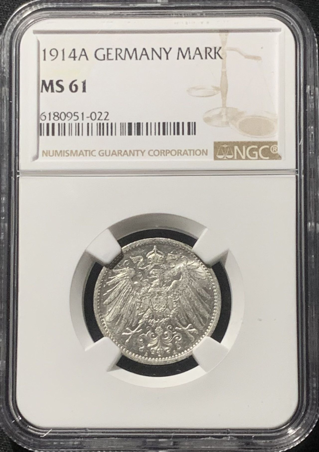 紫瑗钱币——第163期 德国 1914年 A版 第二帝国 长翅 1马克 银币 NGC MS61
