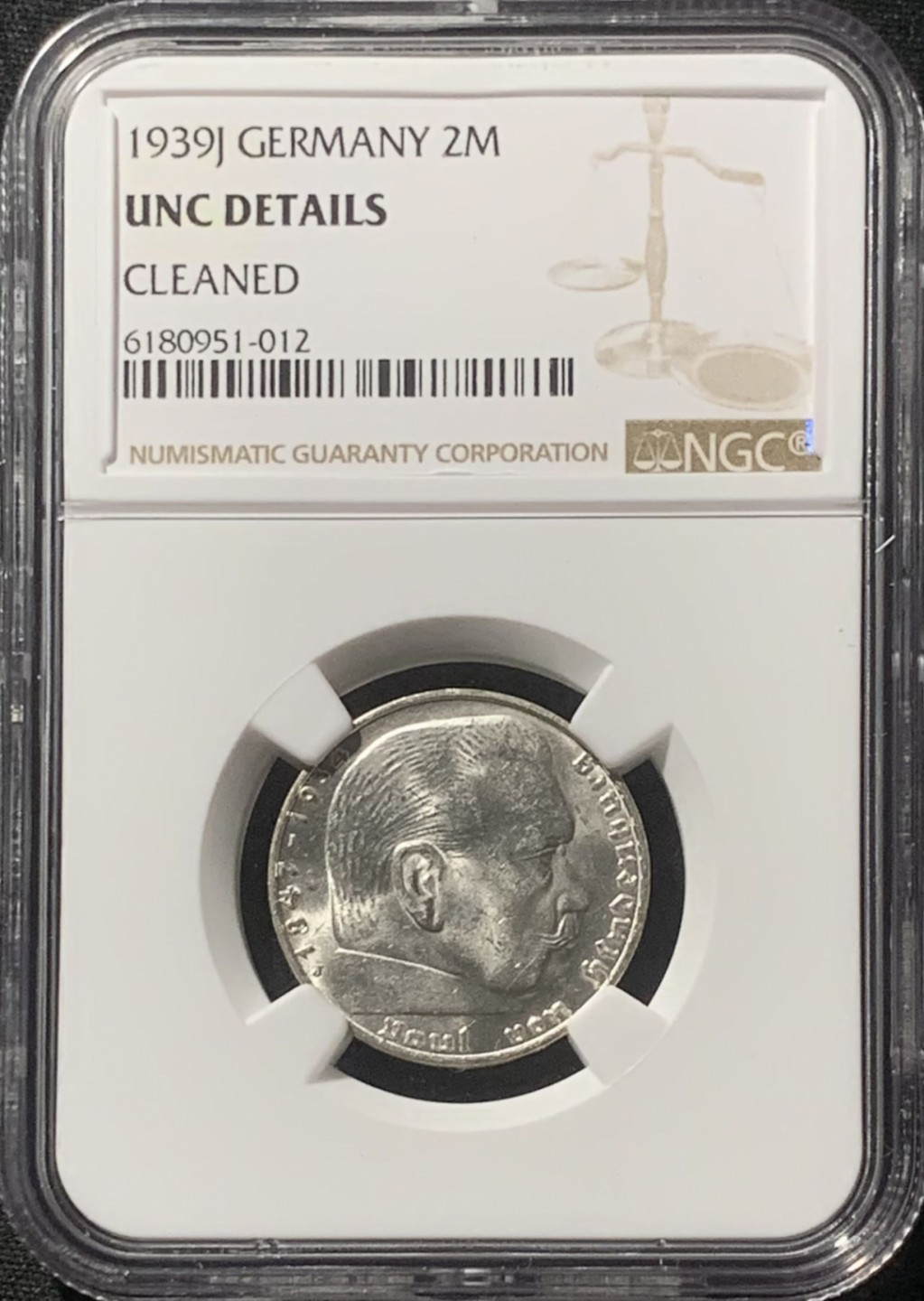 紫瑗钱币——第163期 德国 1939年 J版 兴登堡 字符版 2马克 银币 NGC UNC Detail