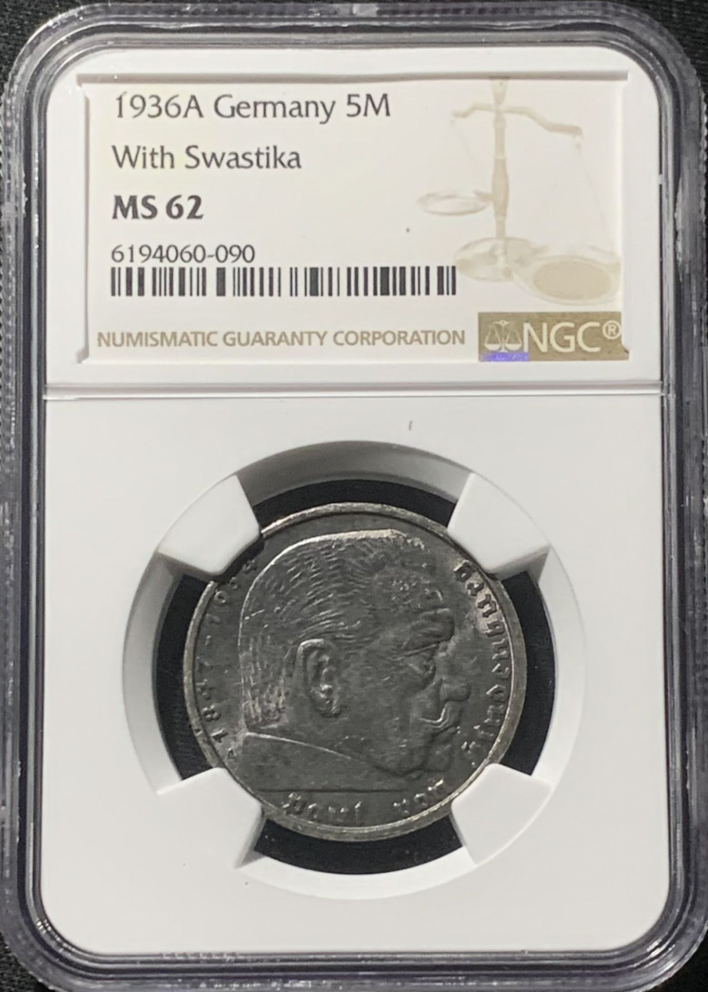 紫瑗钱币——第163期 德国 1936年 A版 兴登堡 字符版 5马克 银币 NGC MS62 黑彩包浆