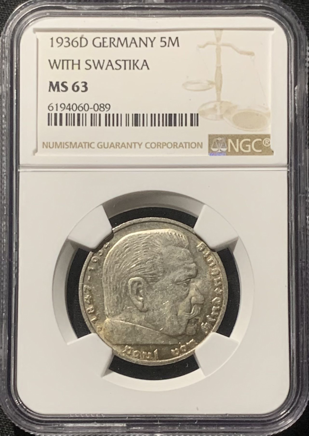 紫瑗钱币——第163期 德国 1936年 D版 兴登堡 字符版 5马克 银币 NGC MS63