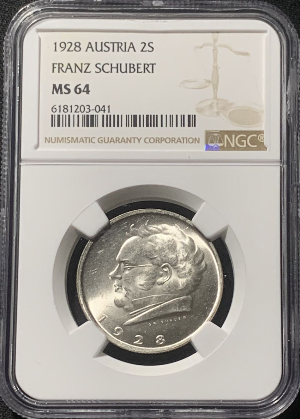 紫瑗钱币——第163期 奥地利 1928年 舒伯特 2先令 银币 NGC MS64