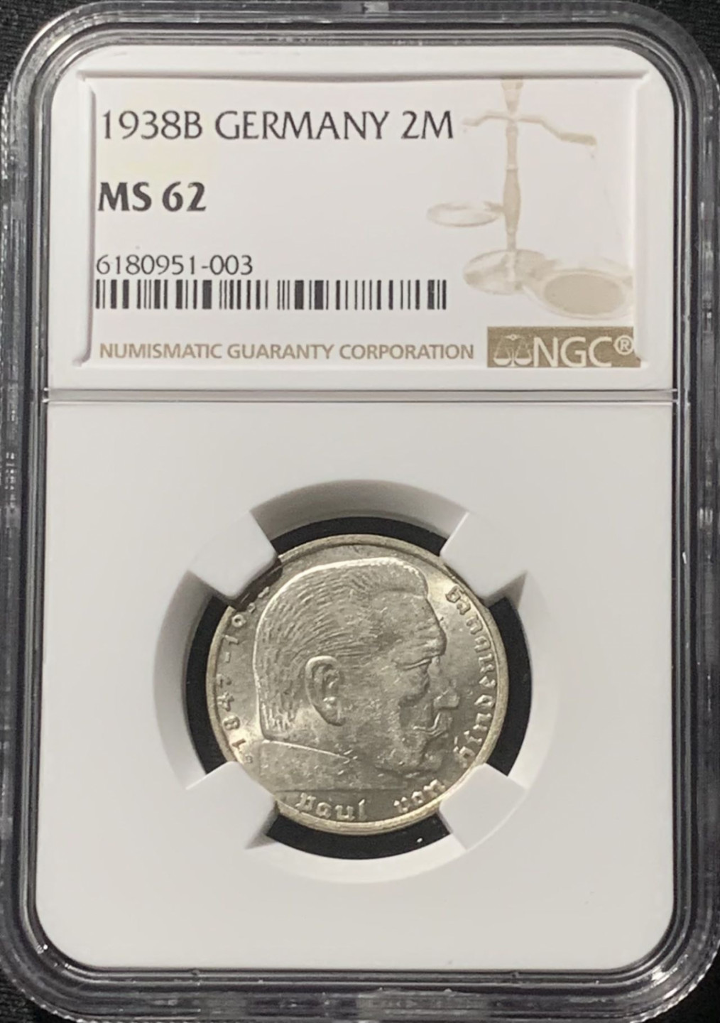 紫瑗钱币——第163期 德国 1938年 B版 兴登堡 字符版 2马克 银币 NGC MS62