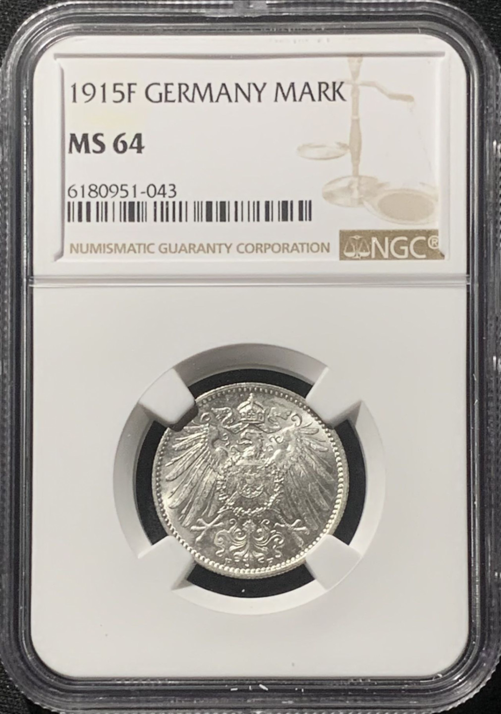紫瑗钱币——第163期 德国 1915年 F版 第二帝国 长翅 1马克 银币 NGC MS64