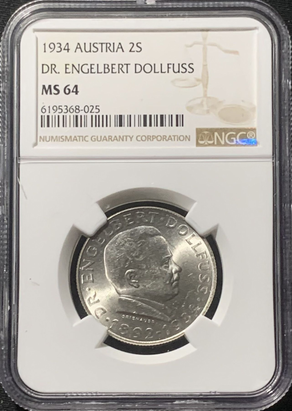 紫瑗钱币——第163期 奥地利 1934年 恩格尔伯特·多尔夫斯 2先令 银币 NGC MS64