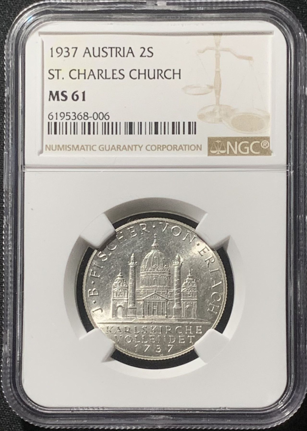 紫瑗钱币——第163期 奥地利 1937年 圣查尔斯教堂 2先令 银币 NGC MS61