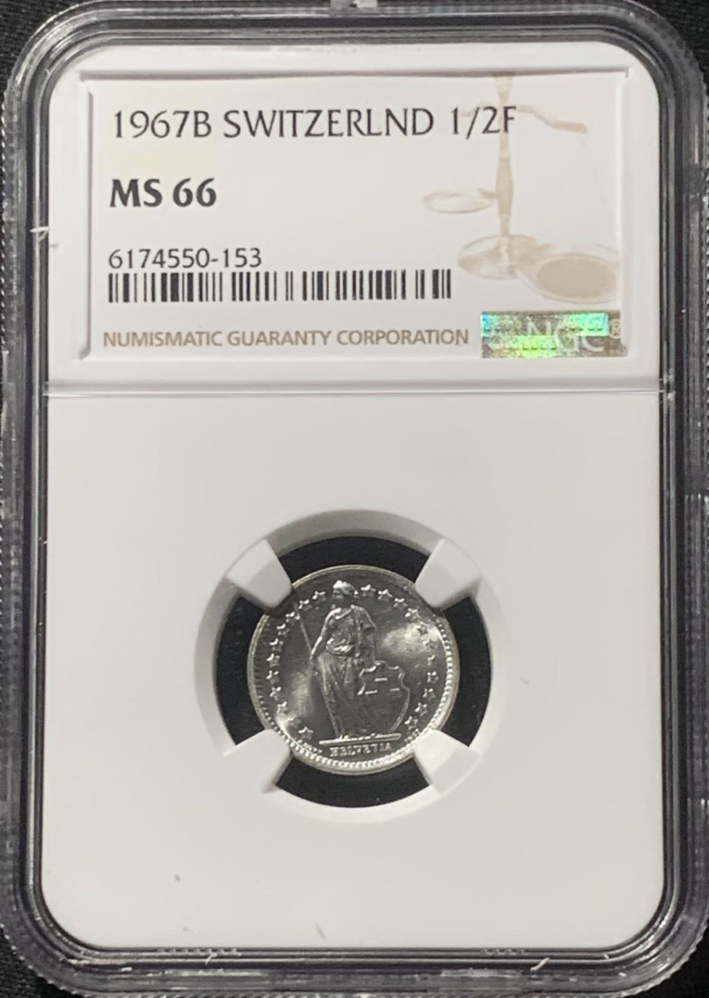 紫瑗钱币——第163期 瑞士 1967年 赫尔维蒂亚 1/2法郎 银币 NGC MS66