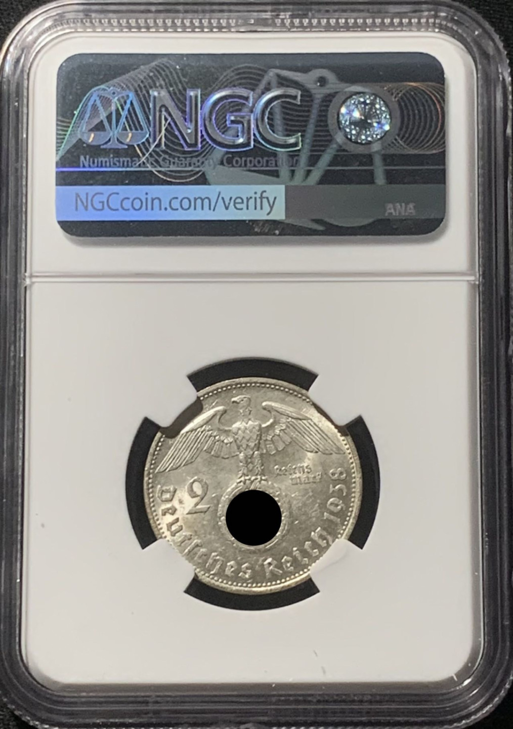 紫瑗钱币——第163期 德国 1938年 B版 兴登堡 字符版 2马克 银币 NGC MS62