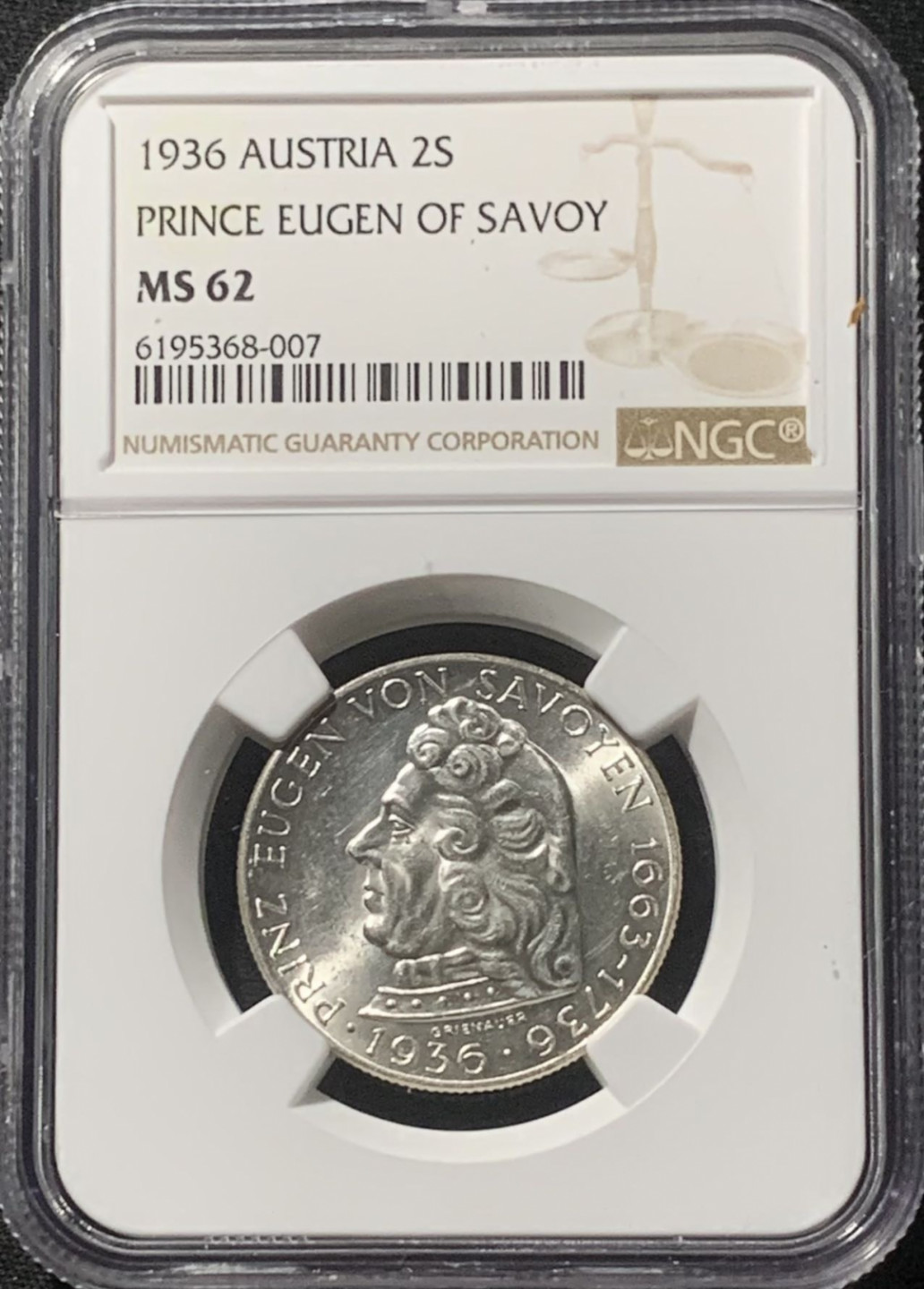 紫瑗钱币——第163期 奥地利 1936年 萨沃伊王子 2先令 银币 NGC MS62