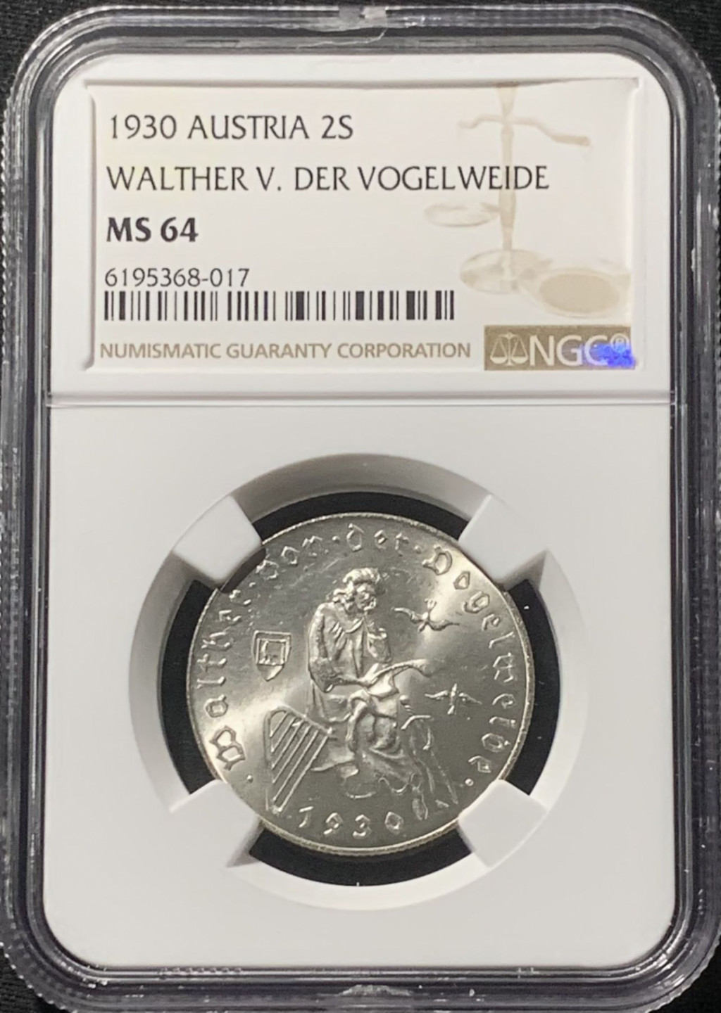 紫瑗钱币——第163期 奥地利 1930年 福格尔诞辰700周年 2先令 银币 NGC MS64