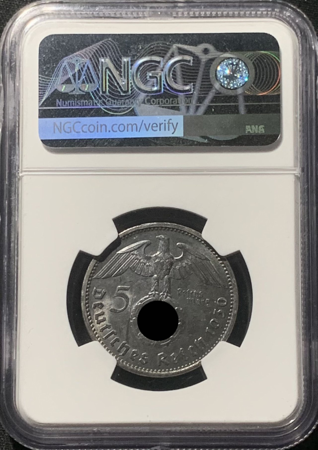 紫瑗钱币——第163期 德国 1936年 A版 兴登堡 字符版 5马克 银币 NGC MS62 黑彩包浆