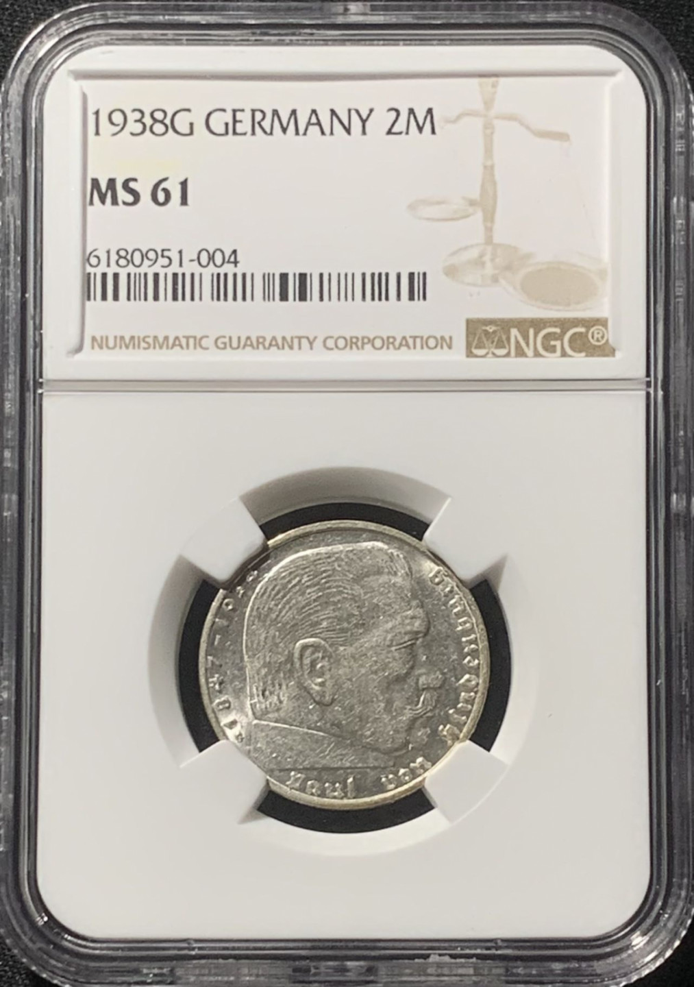 紫瑗钱币——第163期 德国 1938年 G版 兴登堡 字符版 2马克 银币 NGC MS61