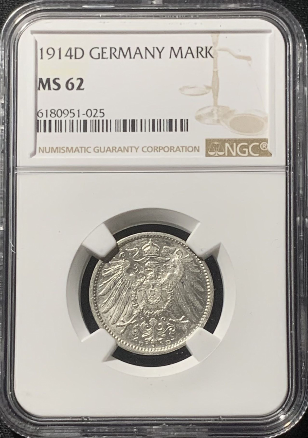 紫瑗钱币——第163期 德国 1914年 D版 第二帝国 长翅 1马克 银币 NGC MS62