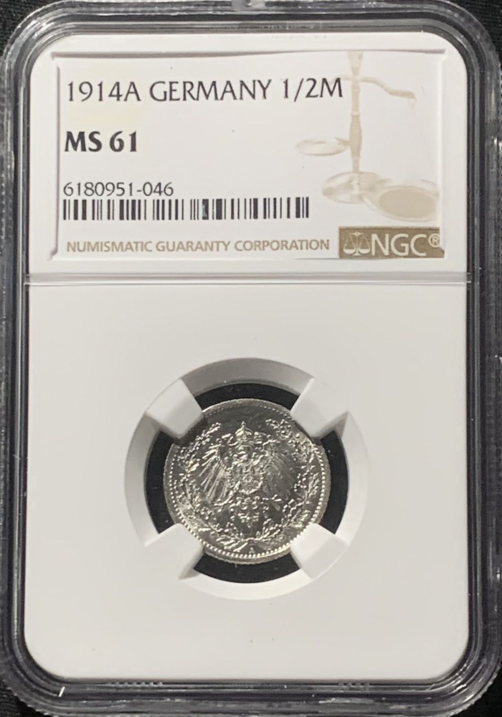 紫瑗钱币——第163期 德国 1914年 A版 第二帝国 1/2马克 银币 NGC MS61