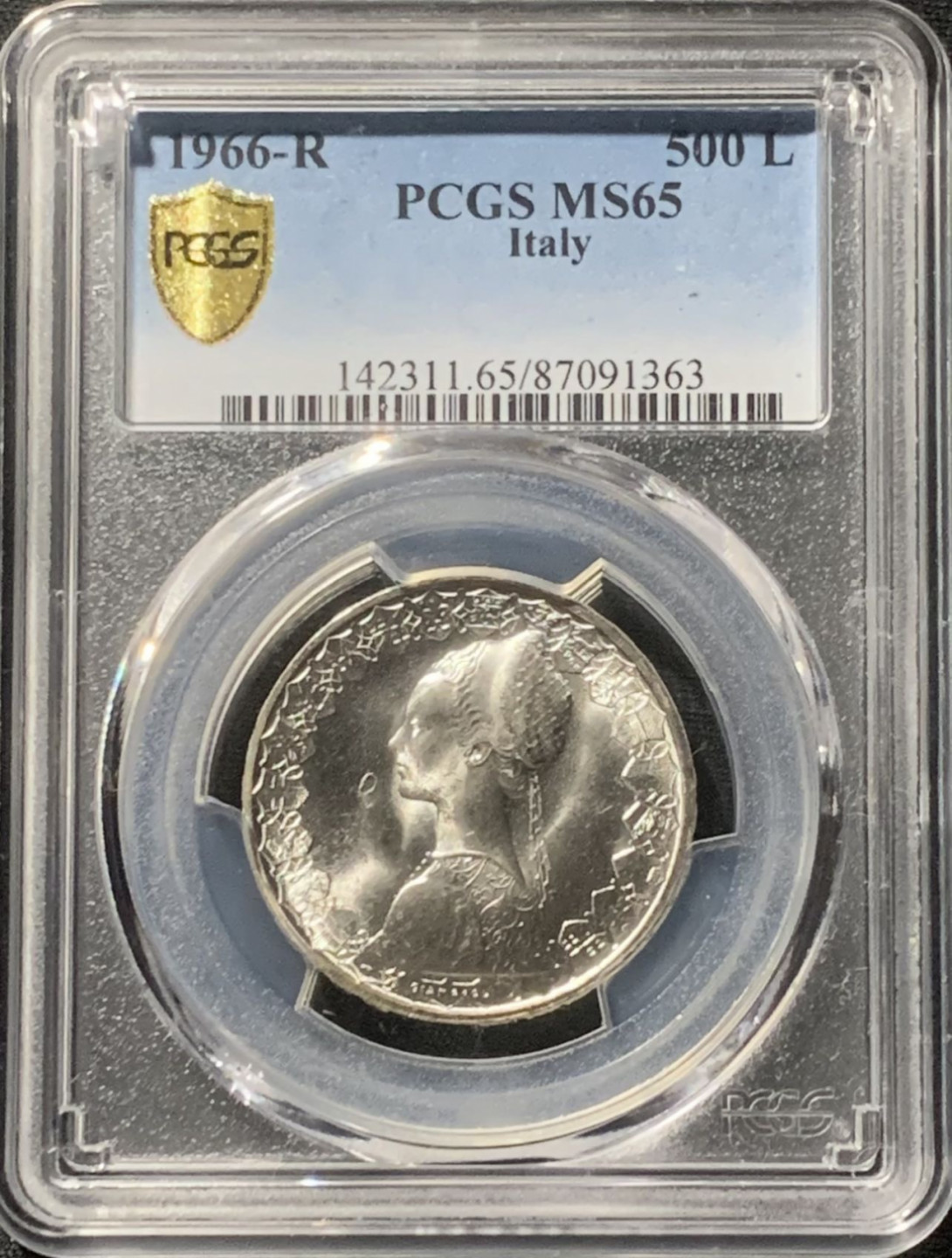 紫瑗钱币——第163期 意大利 1966年 少女与帆船 500里拉 银币 PCGS MS65