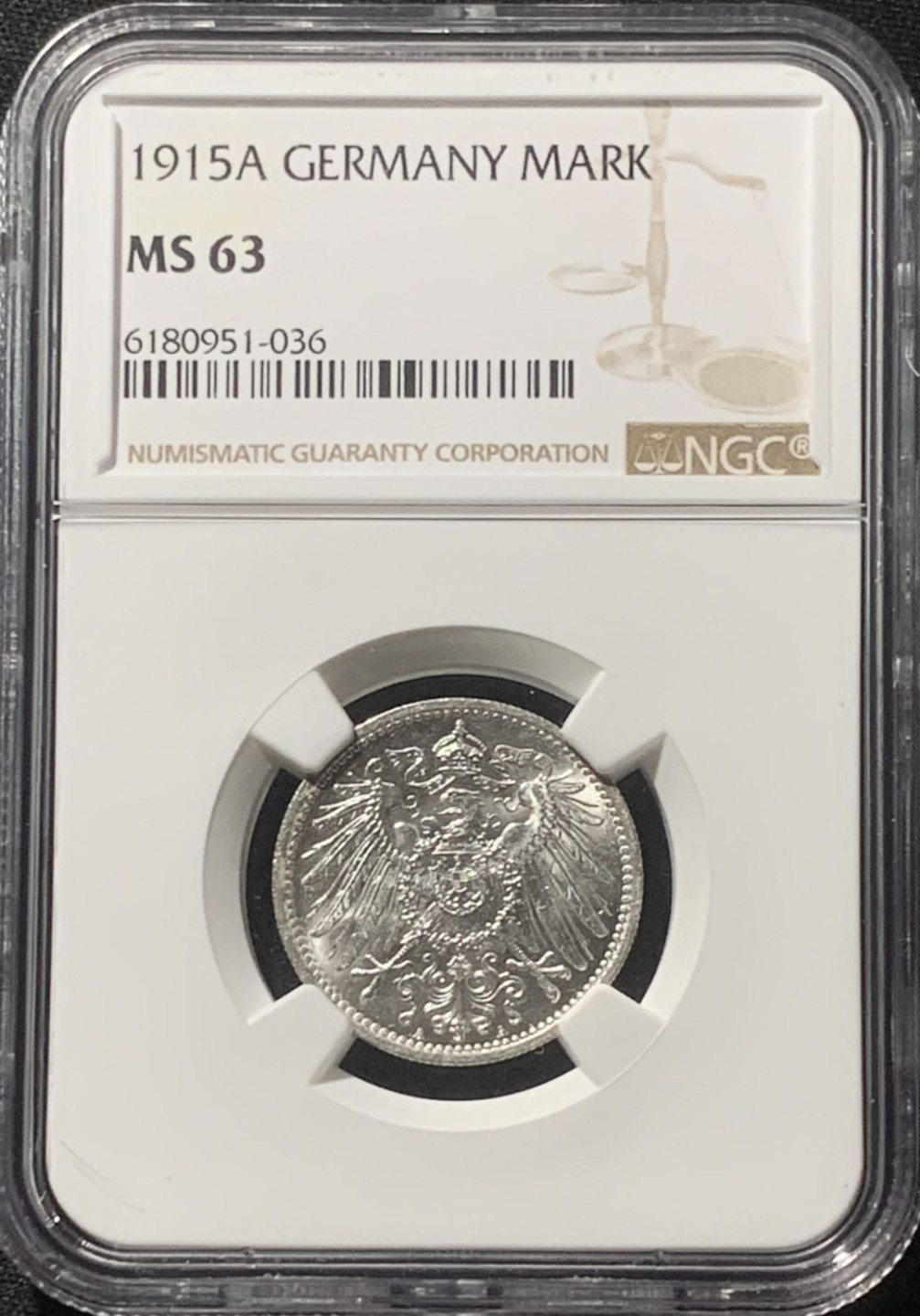 紫瑗钱币——第163期 德国 1915年 A版 第二帝国 长翅 1马克 银币 NGC MS63