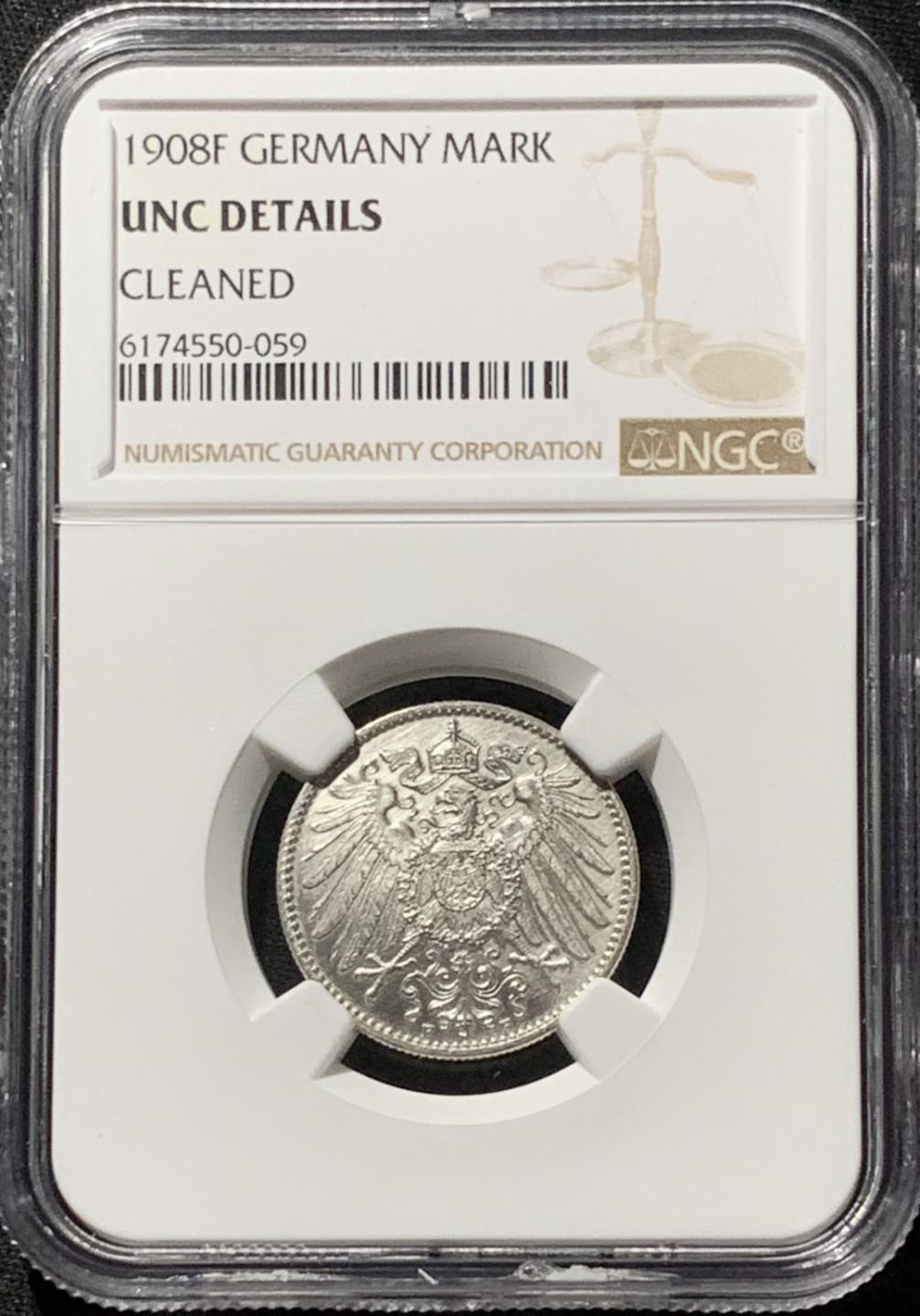 紫瑗钱币——第164期拍卖 德国 1908年 F版 第二帝国 长翅 1马克 银币 NGC UNC Detail