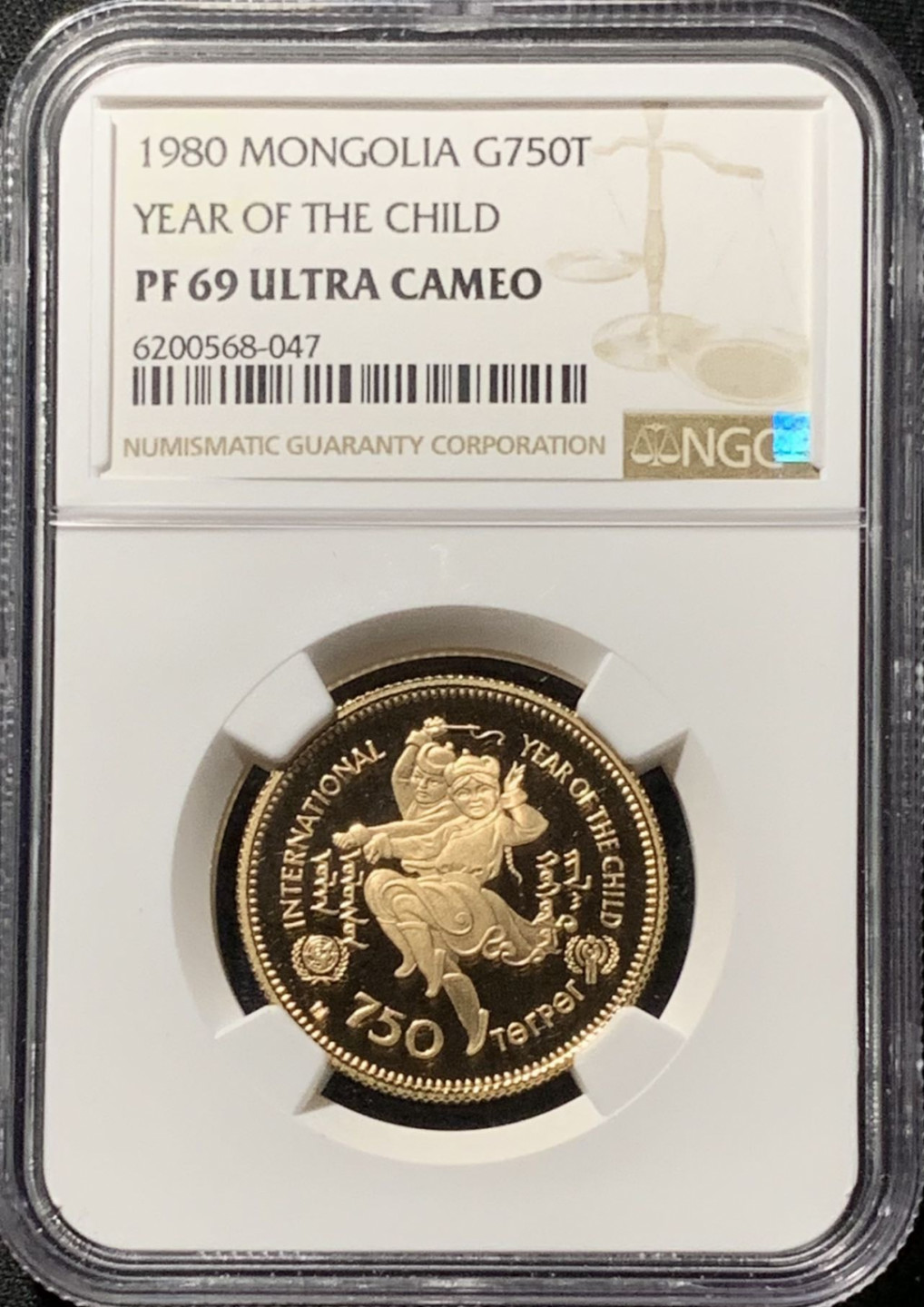 紫瑗钱币——第164期拍卖 蒙古 1980年 国际儿童年 750图格里克 金币 NGC PR69 UC