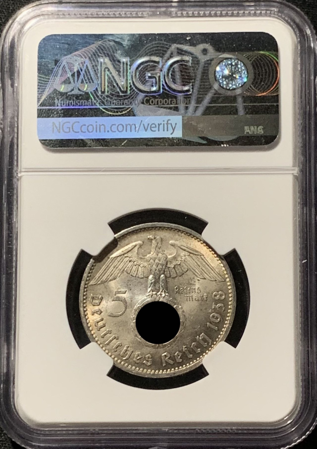 紫瑗钱币——第164期拍卖 德国 1938年 A版 兴登堡 字符版 5马克 银币 NGC MS63 环彩