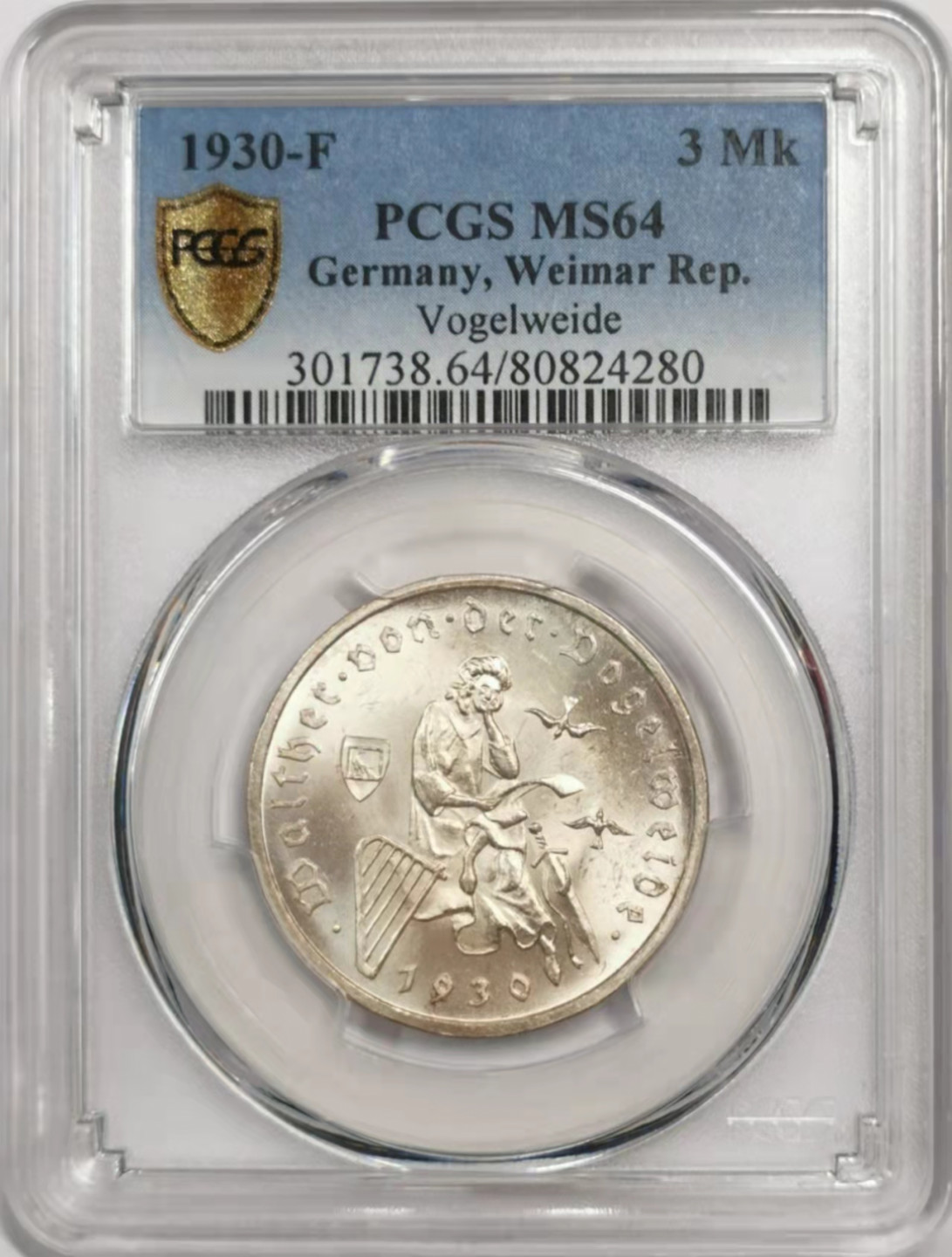 凡希社世界钱币微拍第一百八十四期 1930F魏玛共和国行吟诗人Vogelweide3马克PCGS-MS64