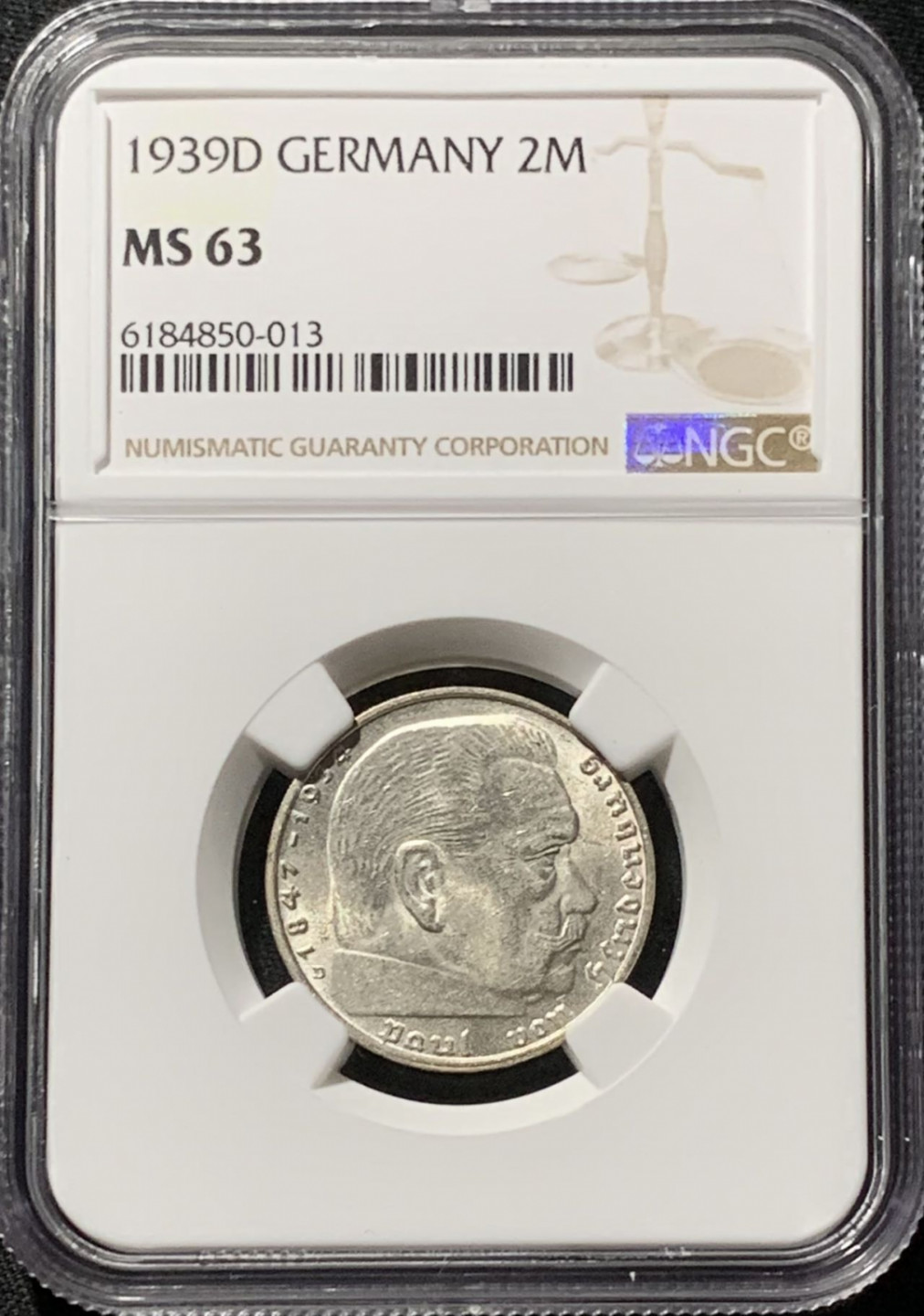 紫瑗钱币——第164期拍卖 德国 1939年 D版 兴登堡 字符版 2马克 银币 NGC MS63