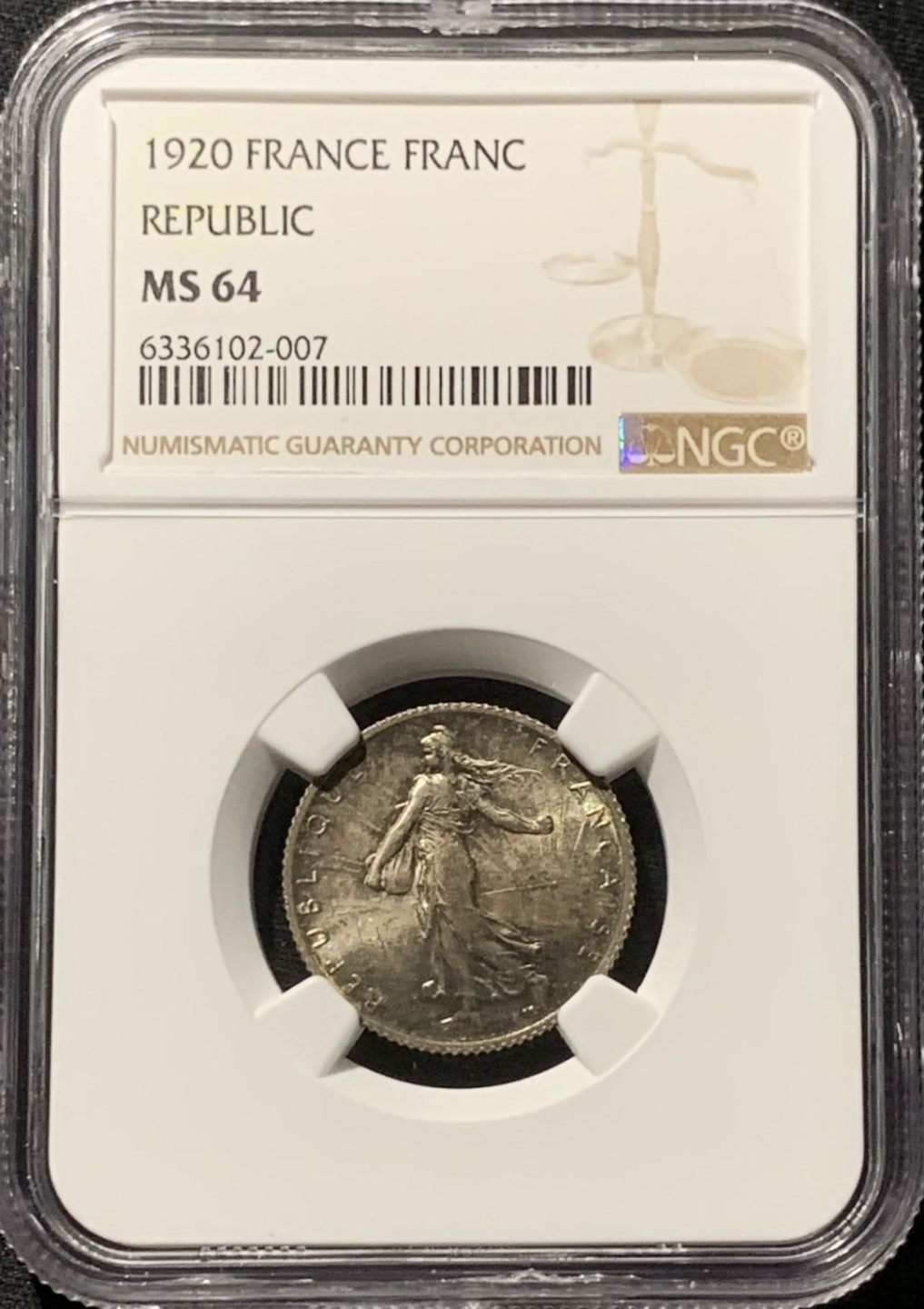 紫瑗钱币——第164期拍卖 法国 1920年 播种女神 1法郎 银币 NGC MS64 黄金包浆